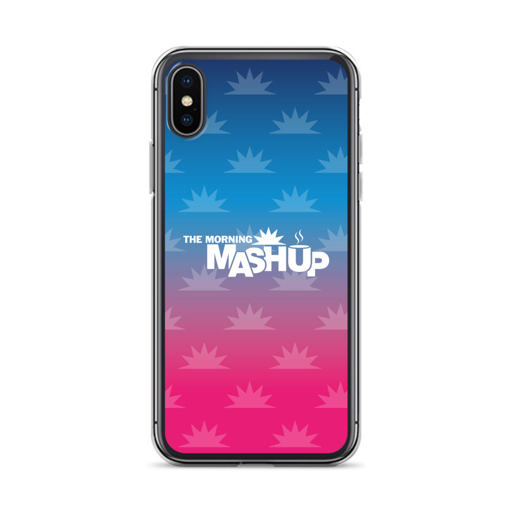 Clear phone case with a gradient background transitioning from blue to pink, featuring the text 'THE MORNING MASHUP' in bold white letters and starburst patterns in lighter shades.