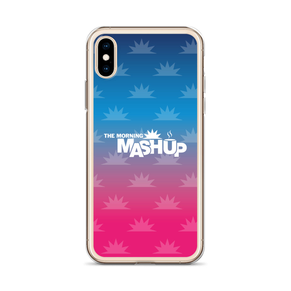 Clear phone case with a gradient background transitioning from blue to pink, featuring the text 'THE MORNING MASHUP' in bold white letters and starburst patterns in lighter shades.