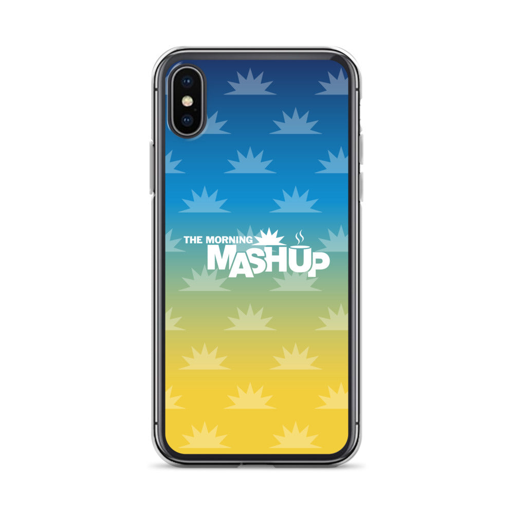 Phone case design featuring a gradient background with blue and yellow hues and repeated starburst patterns, with the text 'THE MORNING MASHUP' prominently displayed in white.