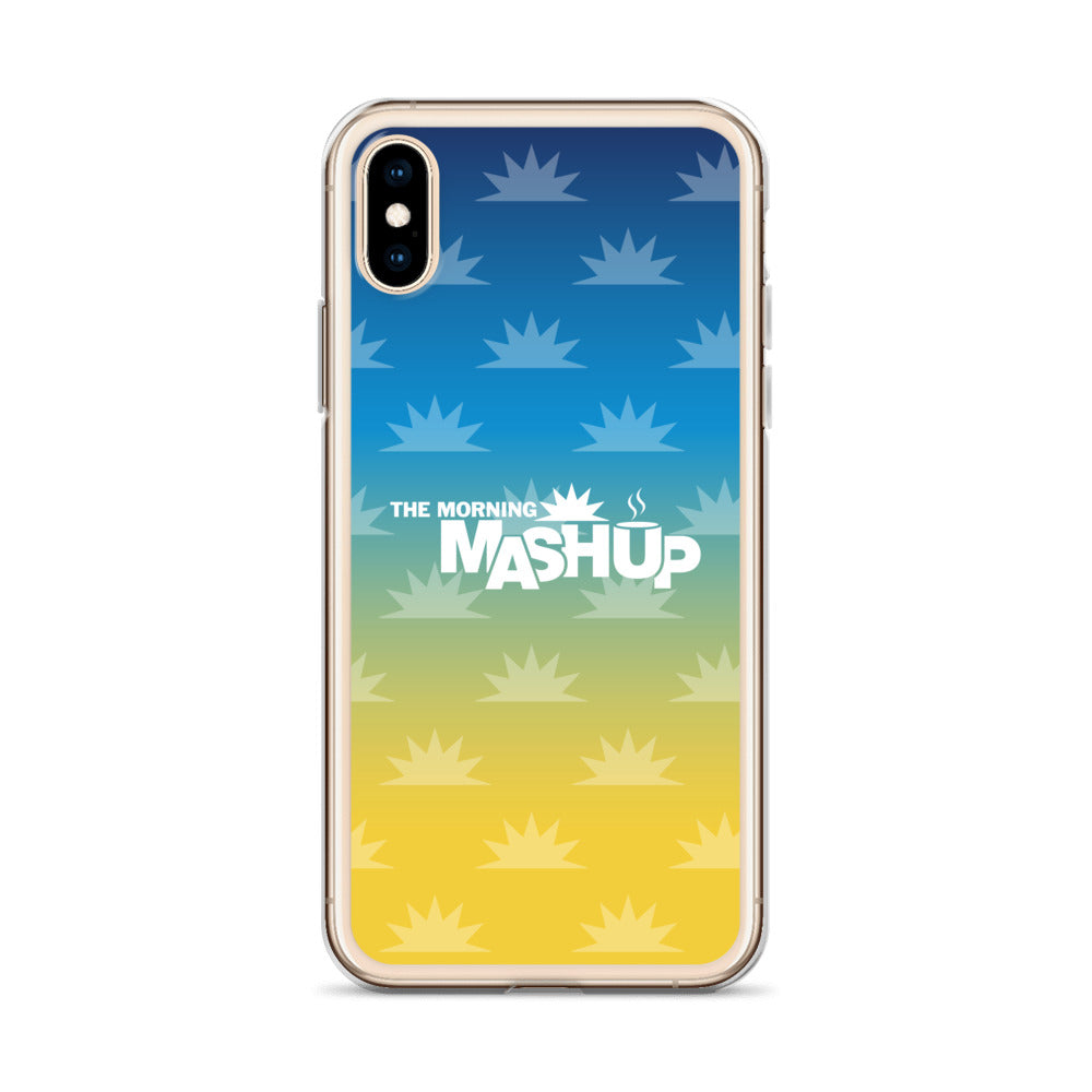 Phone case design featuring a gradient background with blue and yellow hues and repeated starburst patterns, with the text 'THE MORNING MASHUP' prominently displayed in white.