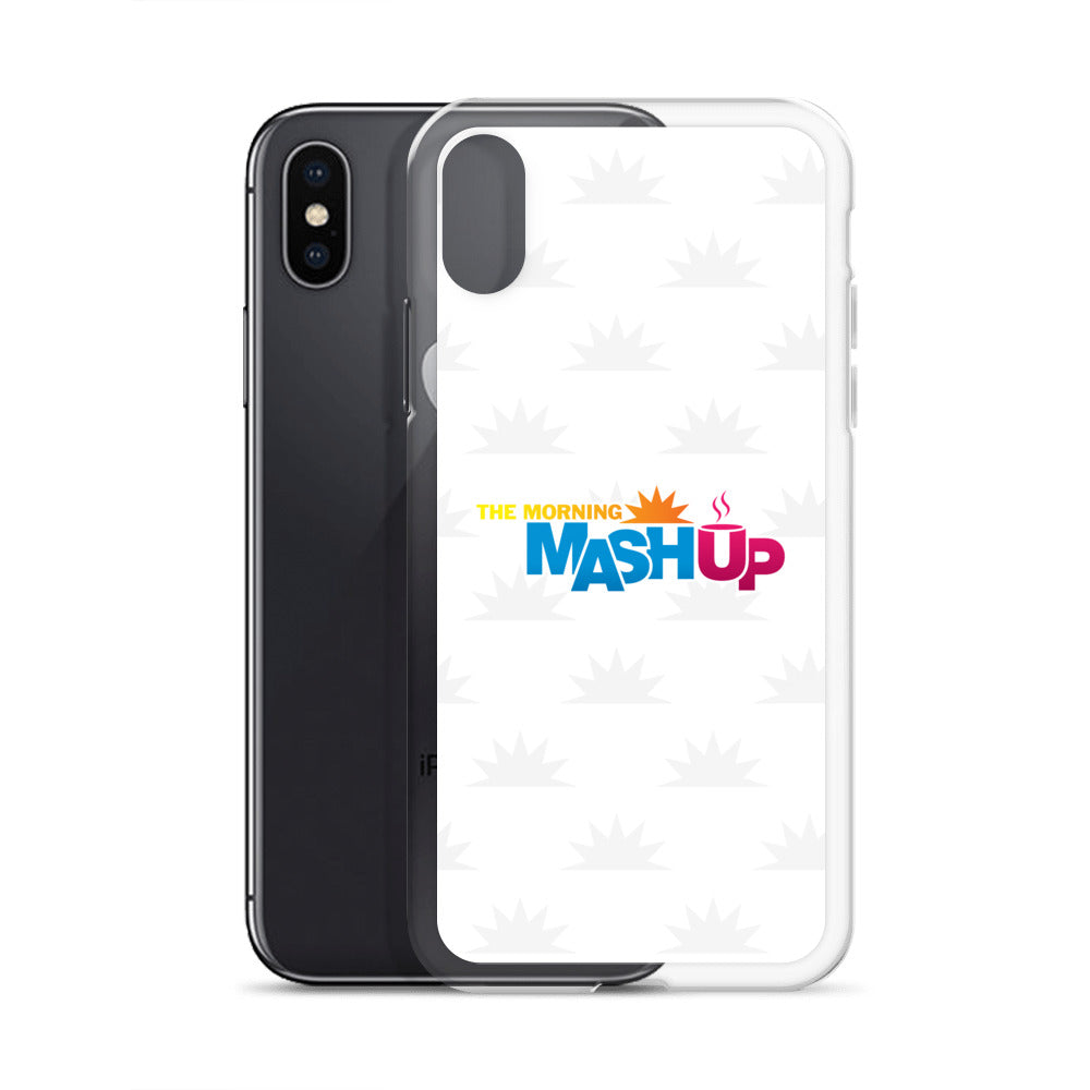 Image of a phone case featuring the words 'THE MORNING MASH UP' in yellow, blue, and pink text on a white background with a subtle sunburst pattern.
