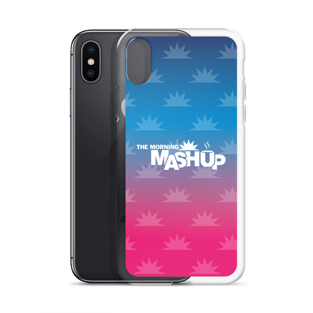 Clear phone case with a gradient background transitioning from blue to pink, featuring the text 'THE MORNING MASHUP' in bold white letters and starburst patterns in lighter shades.