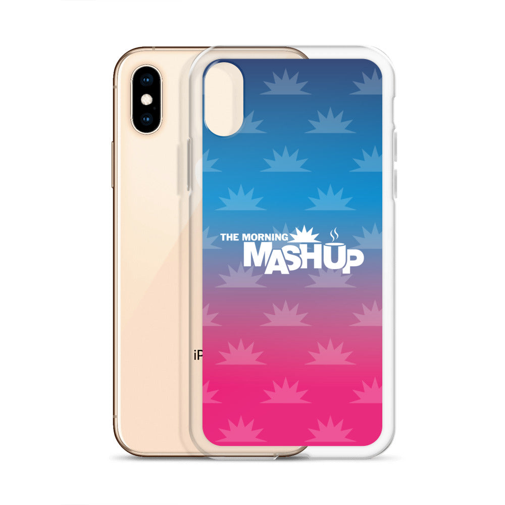 Clear phone case with a gradient background transitioning from blue to pink, featuring the text 'THE MORNING MASHUP' in bold white letters and starburst patterns in lighter shades.