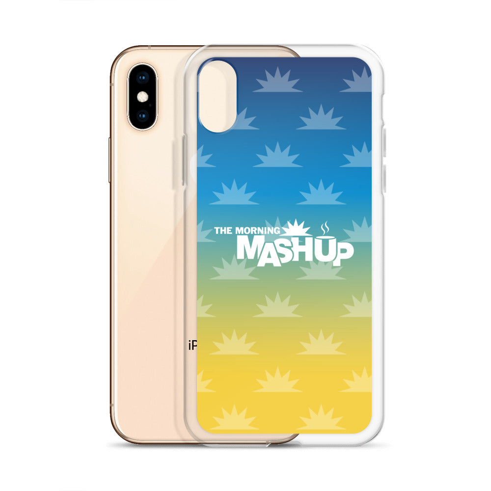 Phone case design featuring a gradient background with blue and yellow hues and repeated starburst patterns, with the text 'THE MORNING MASHUP' prominently displayed in white.