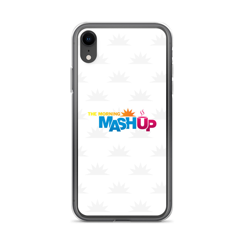 Image of a phone case featuring the words 'THE MORNING MASH UP' in yellow, blue, and pink text on a white background with a subtle sunburst pattern.