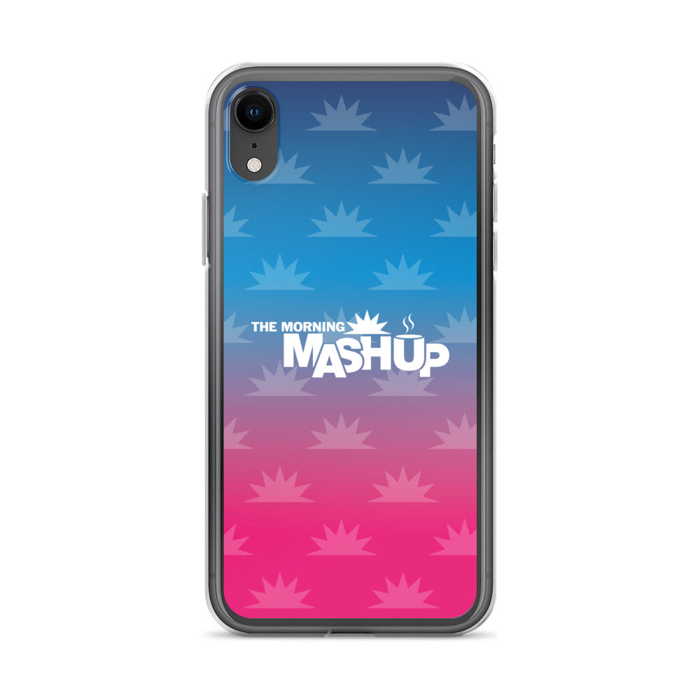 Clear phone case with a gradient background transitioning from blue to pink, featuring the text 'THE MORNING MASHUP' in bold white letters and starburst patterns in lighter shades.