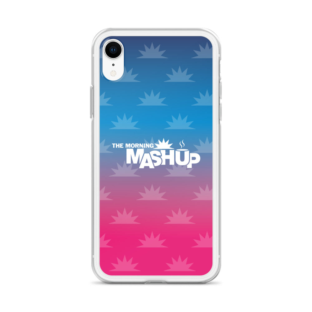 Clear phone case with a gradient background transitioning from blue to pink, featuring the text 'THE MORNING MASHUP' in bold white letters and starburst patterns in lighter shades.