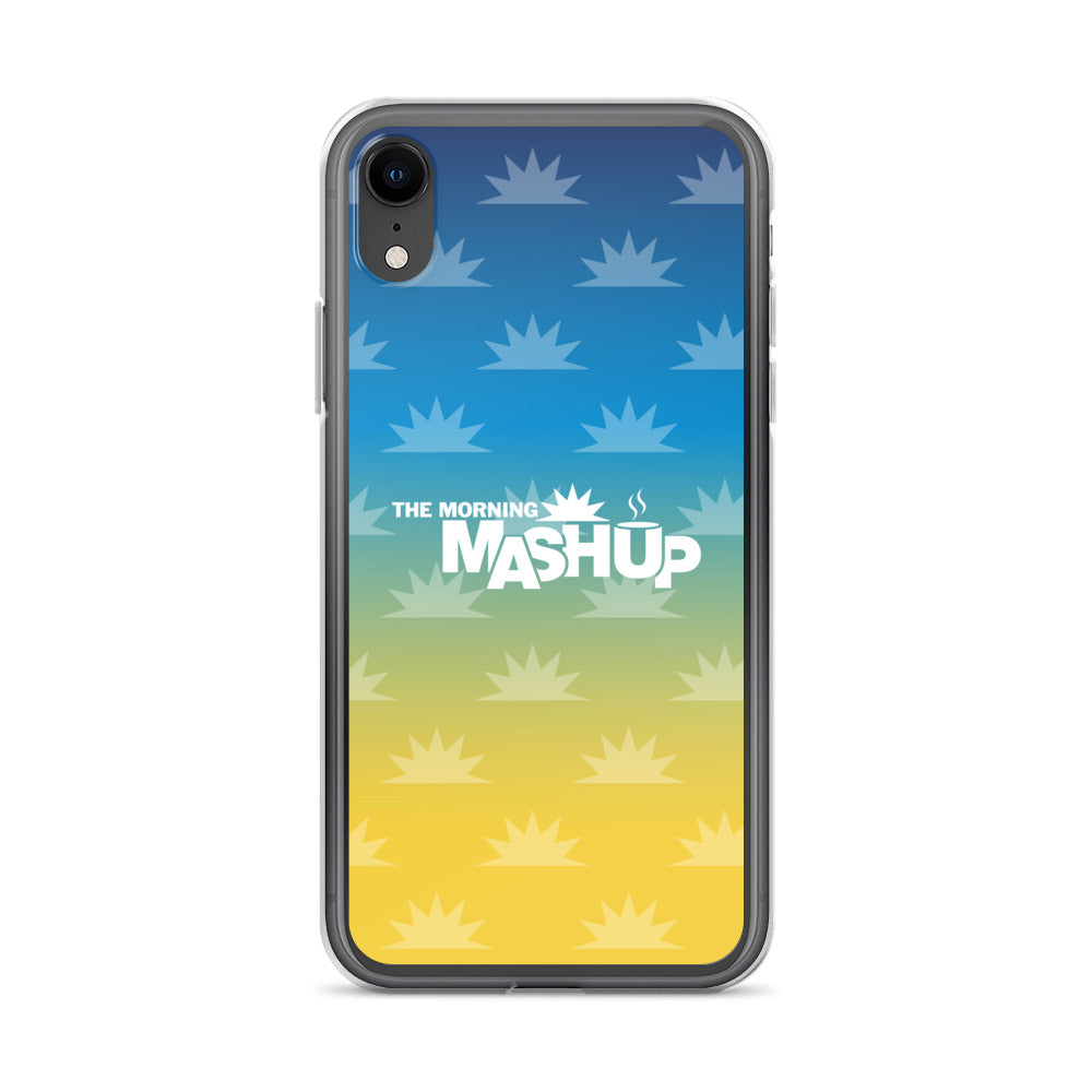 Phone case design featuring a gradient background with blue and yellow hues and repeated starburst patterns, with the text 'THE MORNING MASHUP' prominently displayed in white.