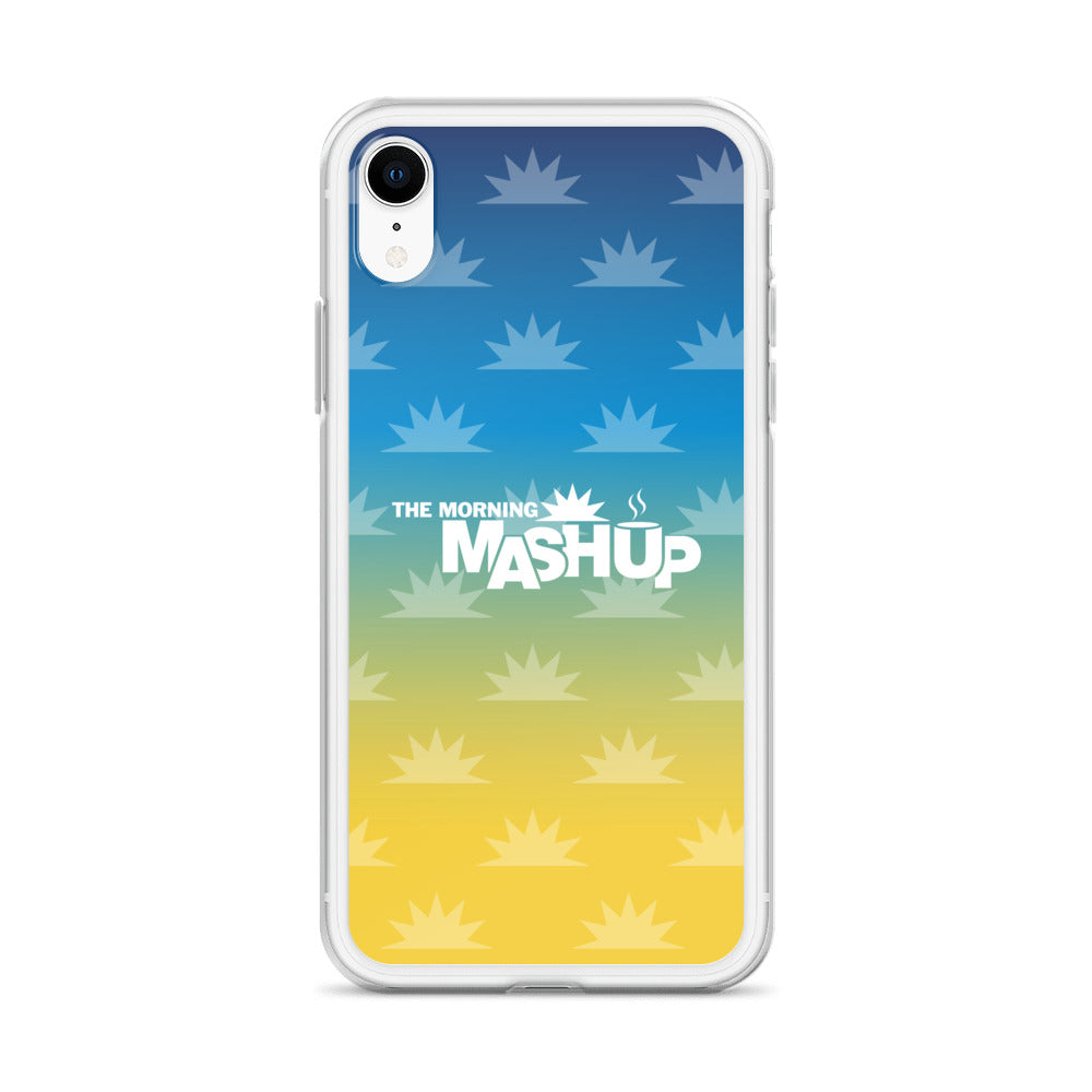 Phone case design featuring a gradient background with blue and yellow hues and repeated starburst patterns, with the text 'THE MORNING MASHUP' prominently displayed in white.