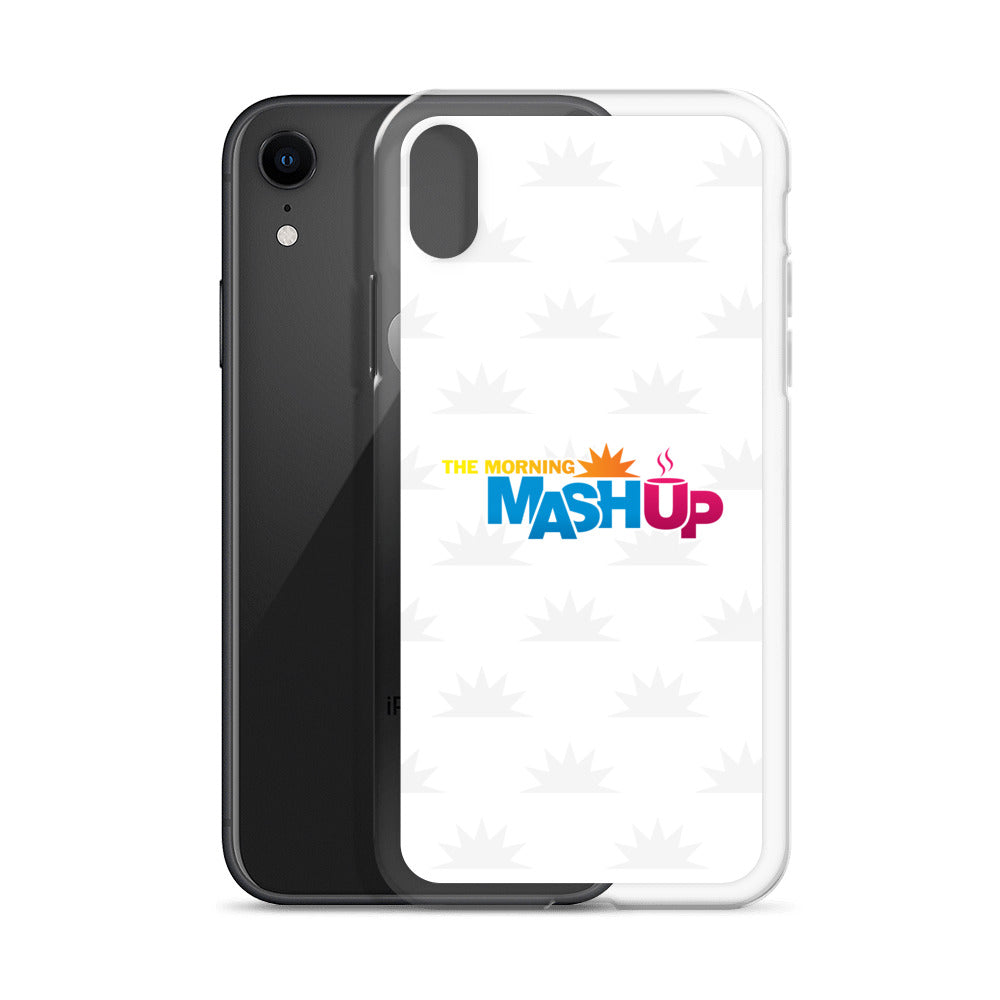 Image of a phone case featuring the words 'THE MORNING MASH UP' in yellow, blue, and pink text on a white background with a subtle sunburst pattern.