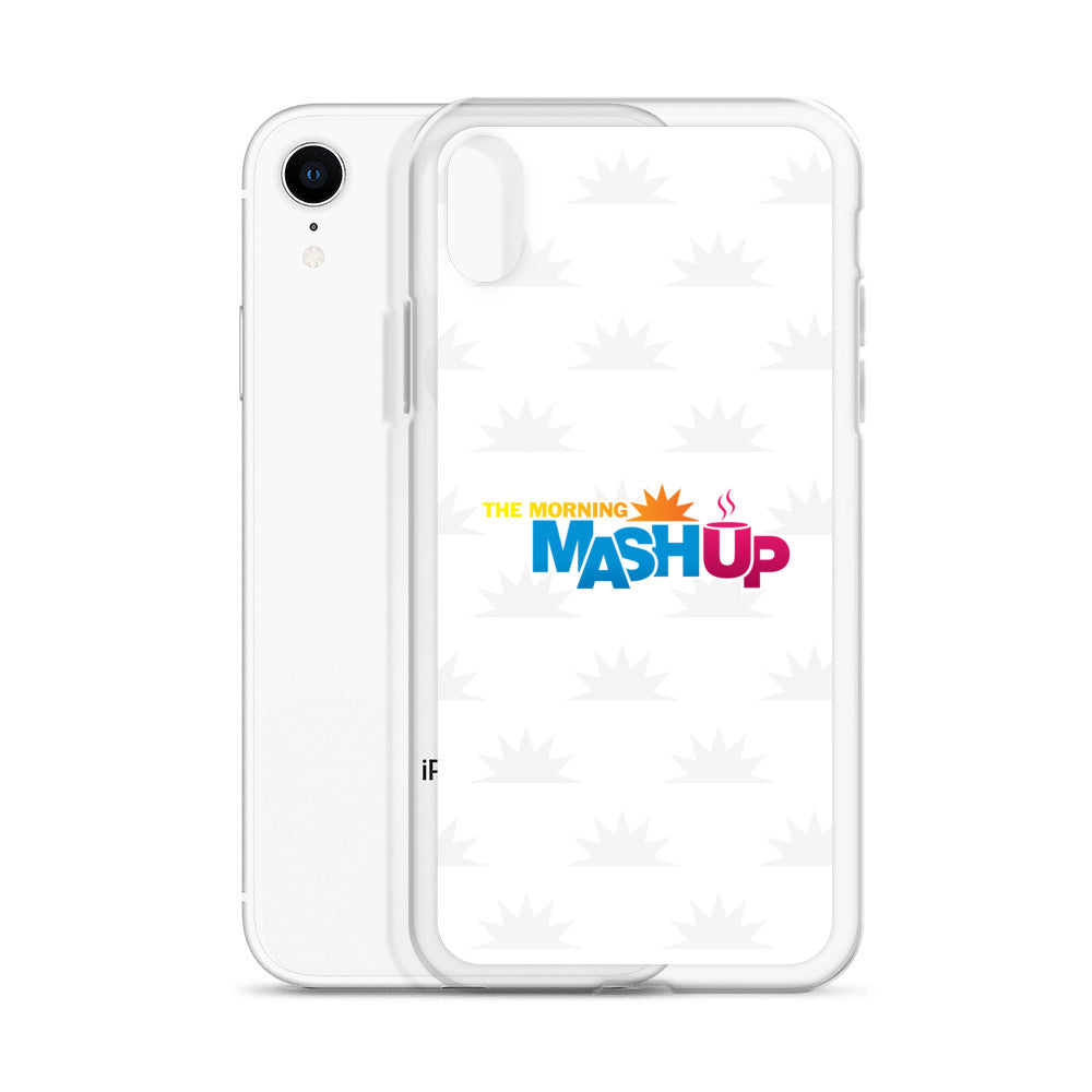 Image of a phone case featuring the words 'THE MORNING MASH UP' in yellow, blue, and pink text on a white background with a subtle sunburst pattern.