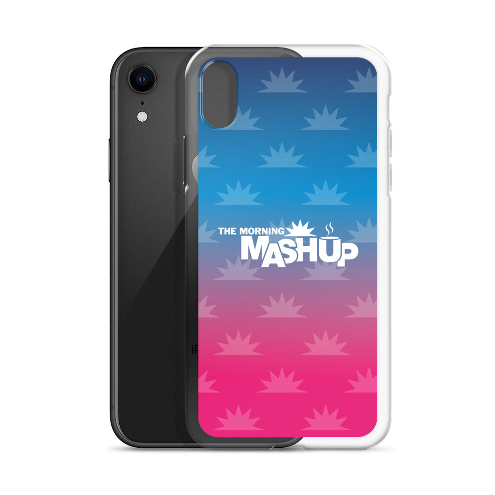 Clear phone case with a gradient background transitioning from blue to pink, featuring the text 'THE MORNING MASHUP' in bold white letters and starburst patterns in lighter shades.