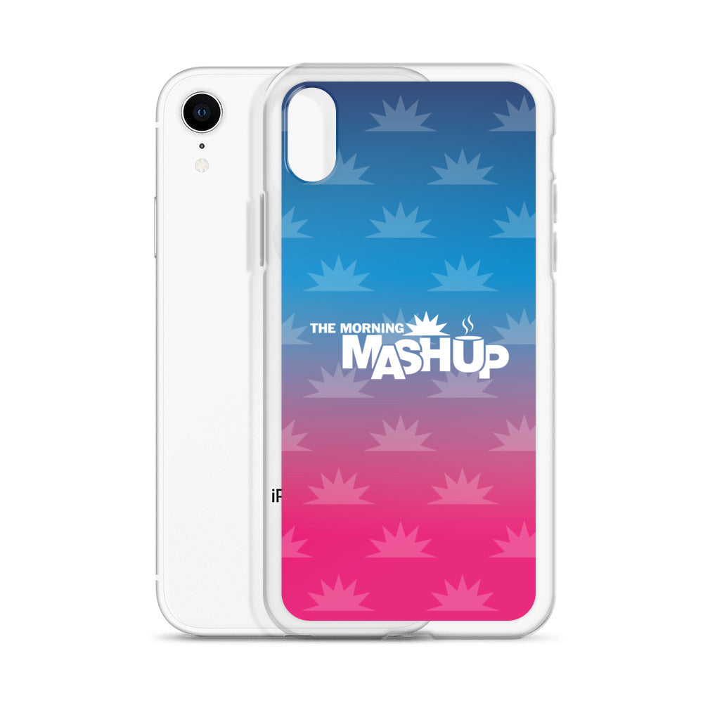 Clear phone case with a gradient background transitioning from blue to pink, featuring the text 'THE MORNING MASHUP' in bold white letters and starburst patterns in lighter shades.