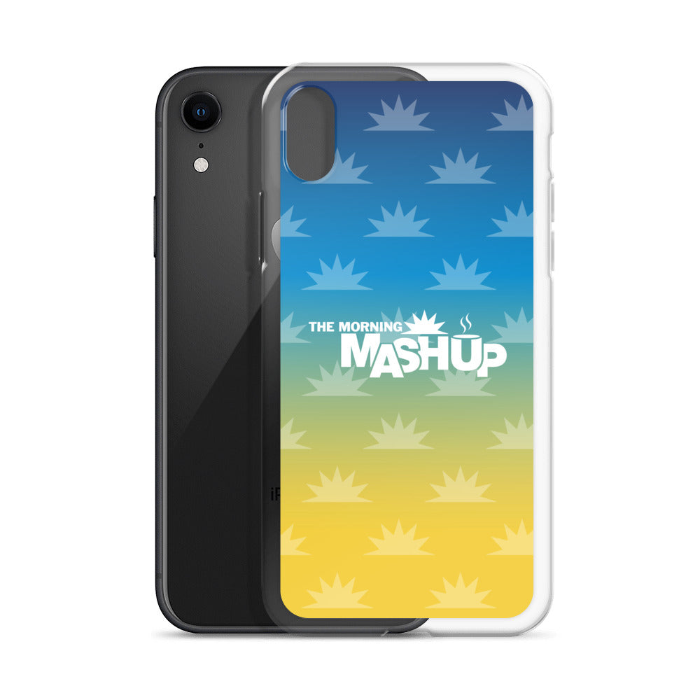Phone case design featuring a gradient background with blue and yellow hues and repeated starburst patterns, with the text 'THE MORNING MASHUP' prominently displayed in white.