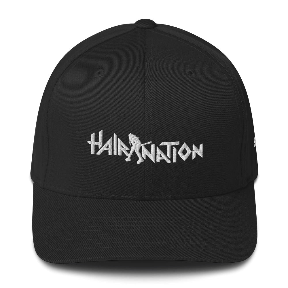 Black cap featuring the stylized text 'HAIR NATION' embroidered in white.