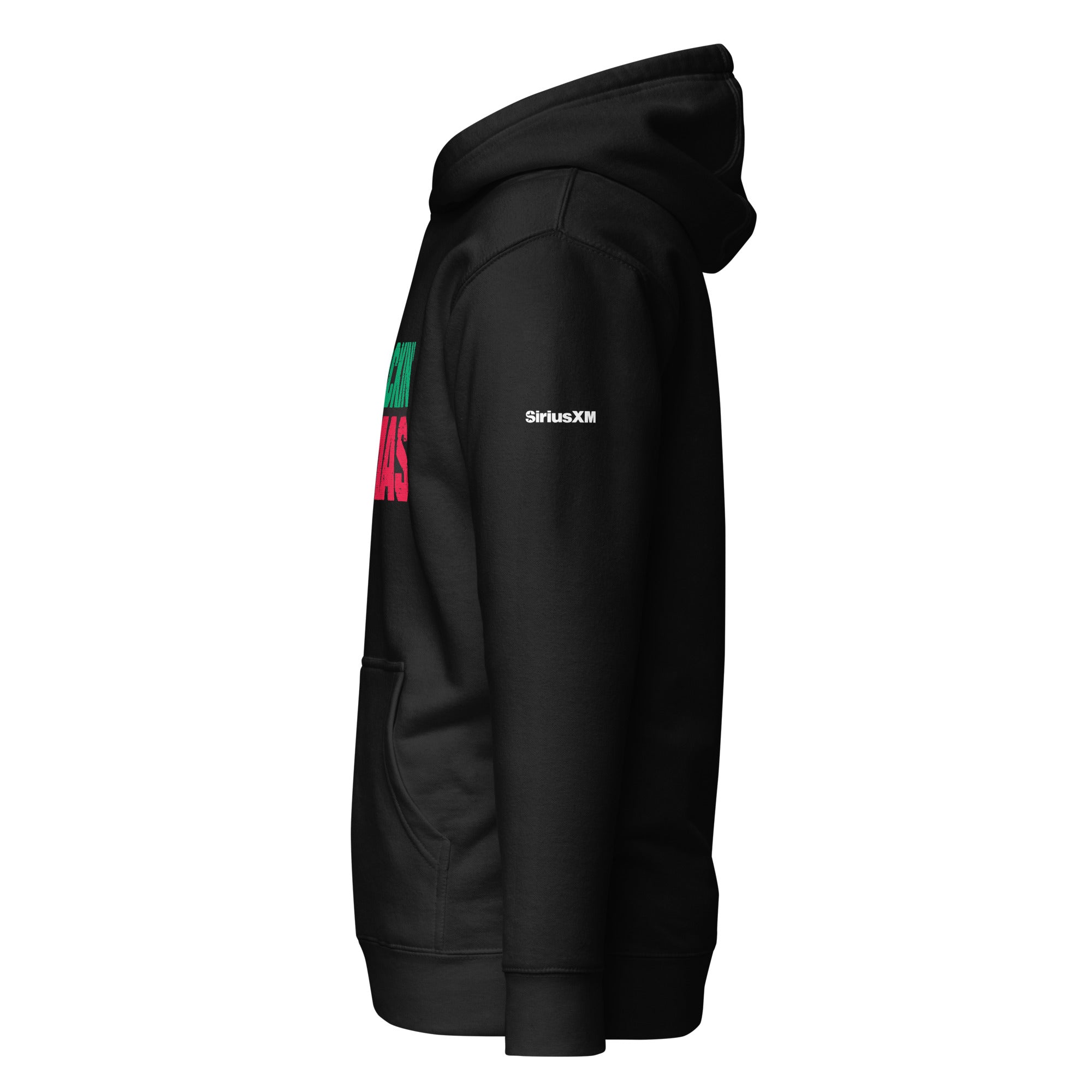 Side view of a black hoodie showing part of the ‘Rockin’ Xmas’ logo in green and red on the chest and the white ‘SiriusXM’ logo printed on the left sleeve.