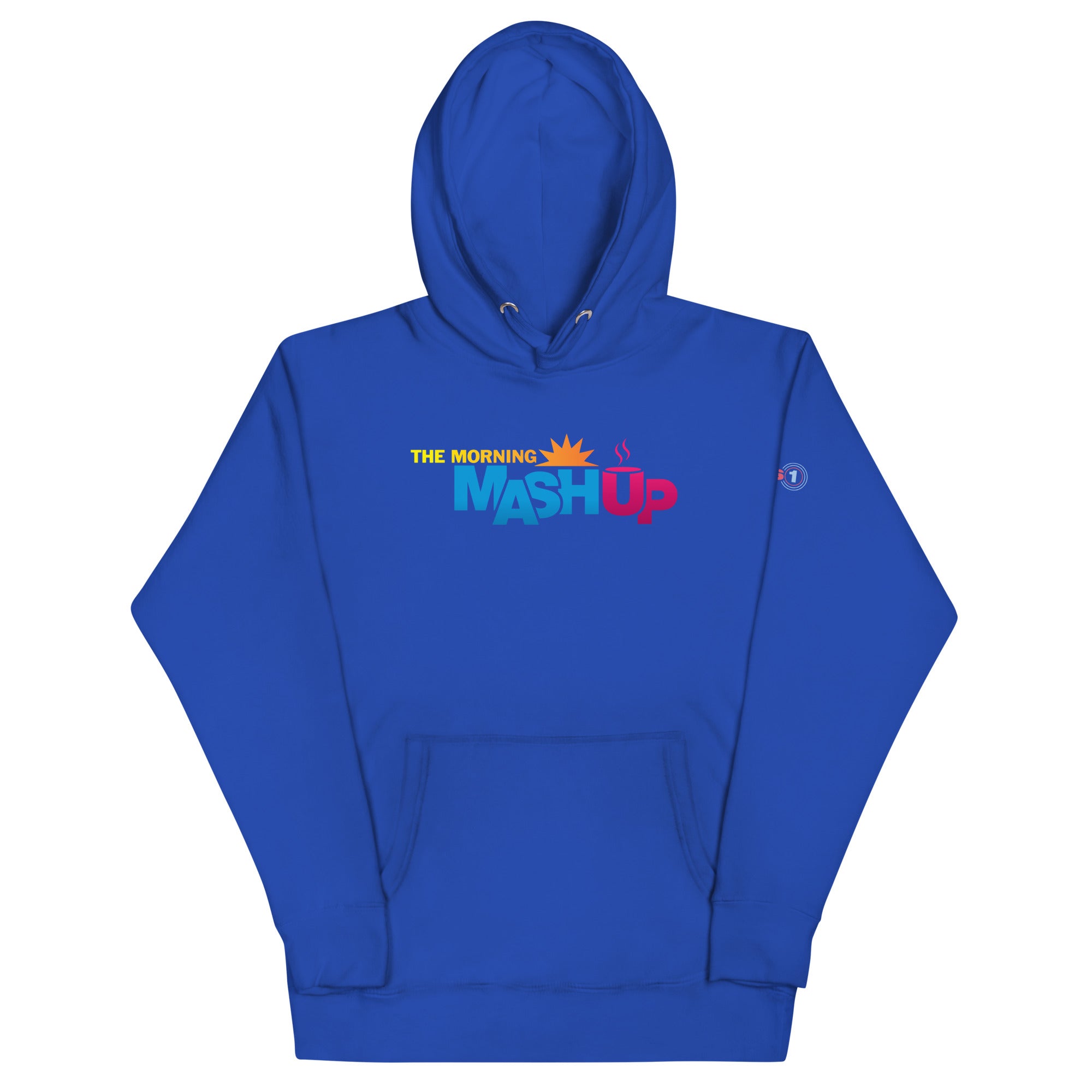 Blue hoodie with 'The Morning Mash Up' logo on a white background