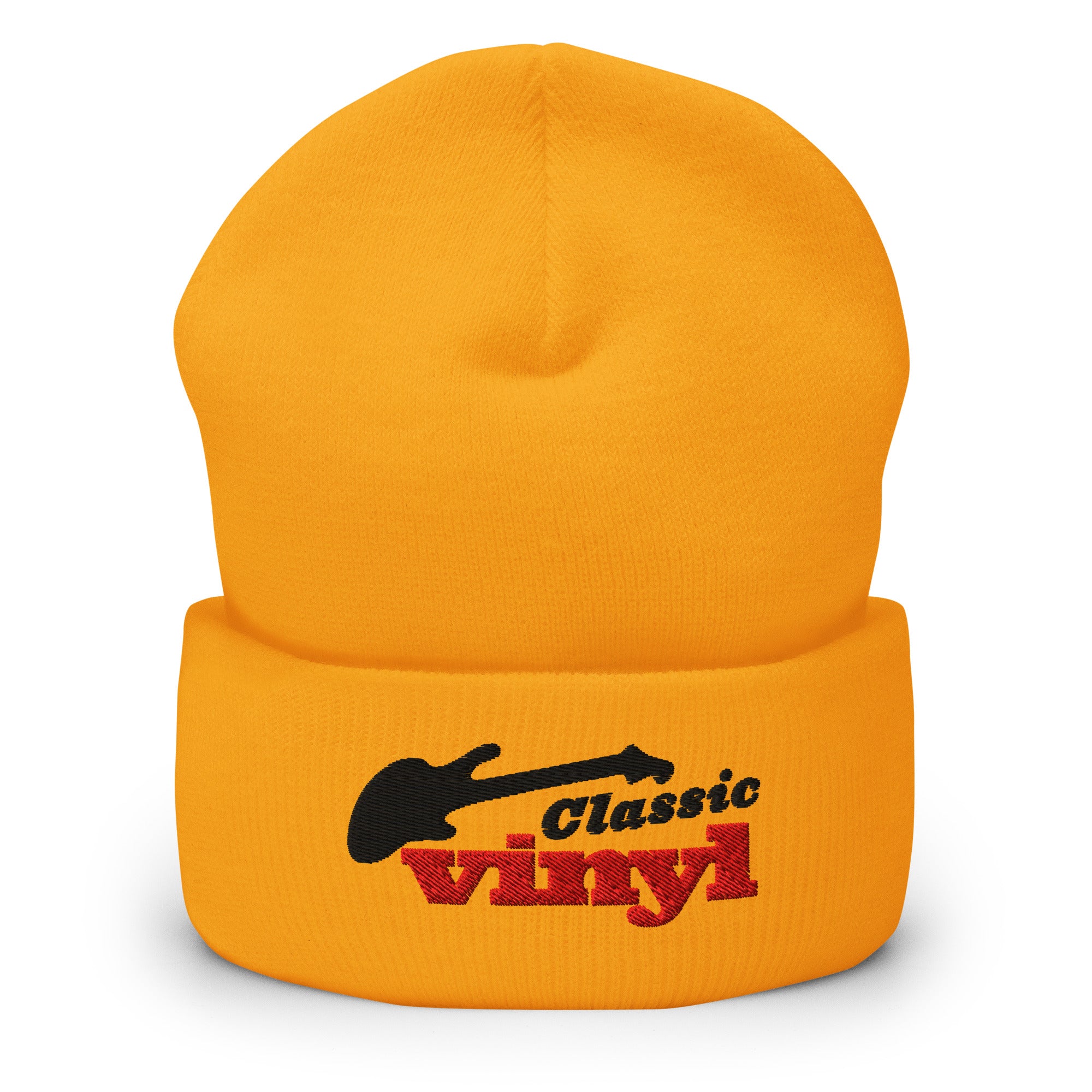 Front view of a gold cuffed beanie with the 'Classic Vinyl' logo embroidered on the fold in black and red, featuring a black guitar silhouette above the text.