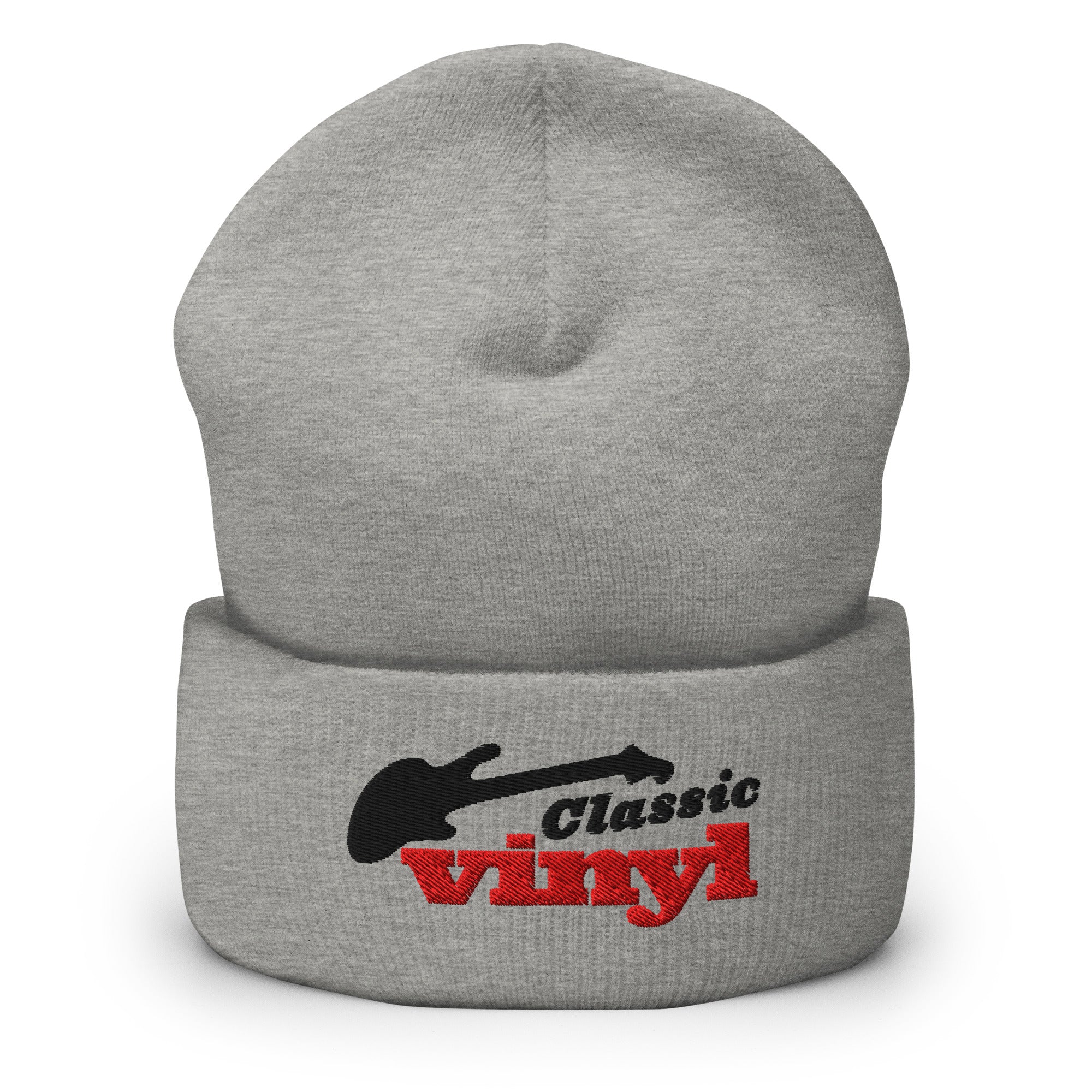 Front view of a heather gray cuffed beanie with the 'Classic Vinyl' logo embroidered on the fold in black and red, featuring a black guitar silhouette above the text.