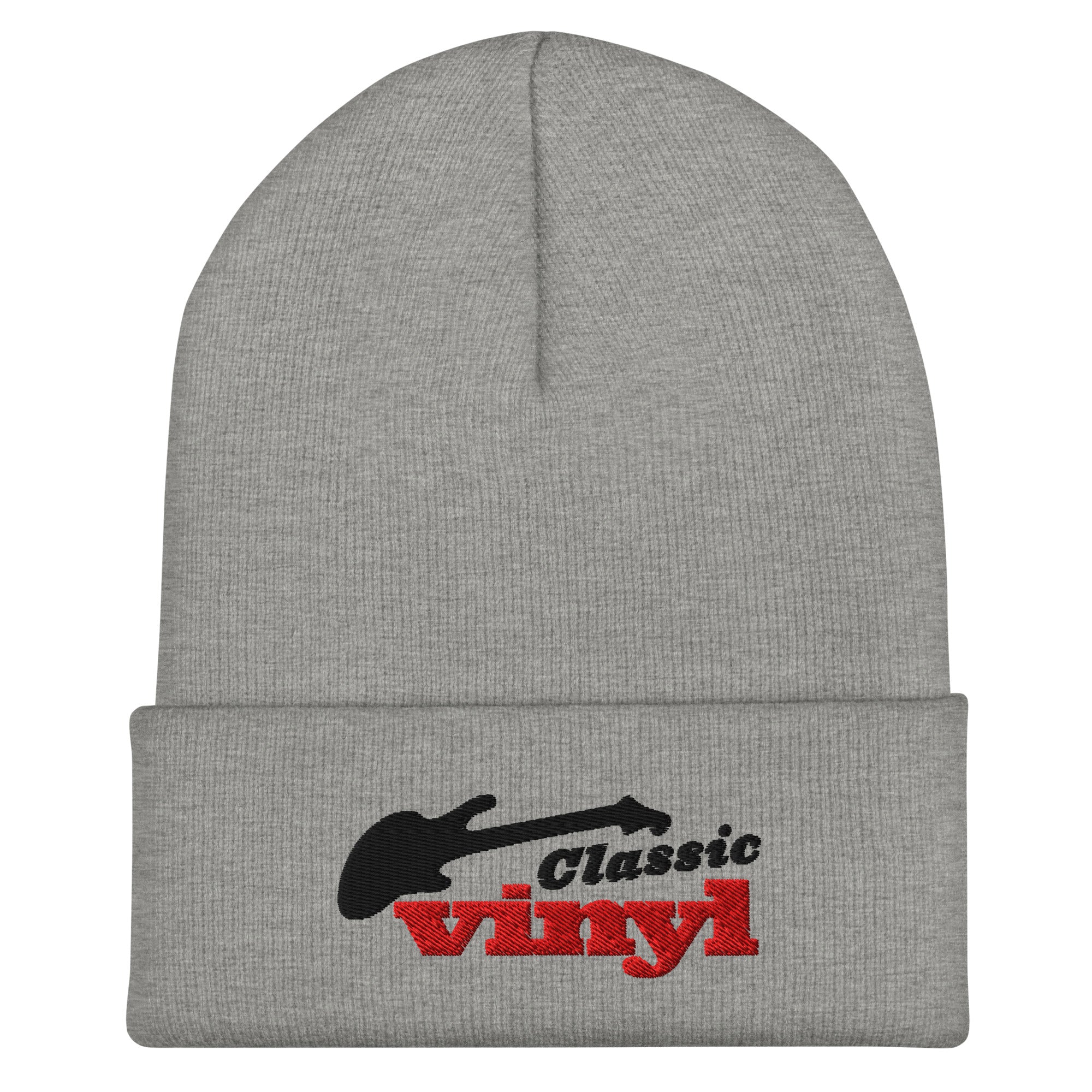 Flat lay front view of a heather gray beanie with the 'Classic Vinyl' logo embroidered on the cuff in black and red, featuring a black guitar silhouette above the text.
