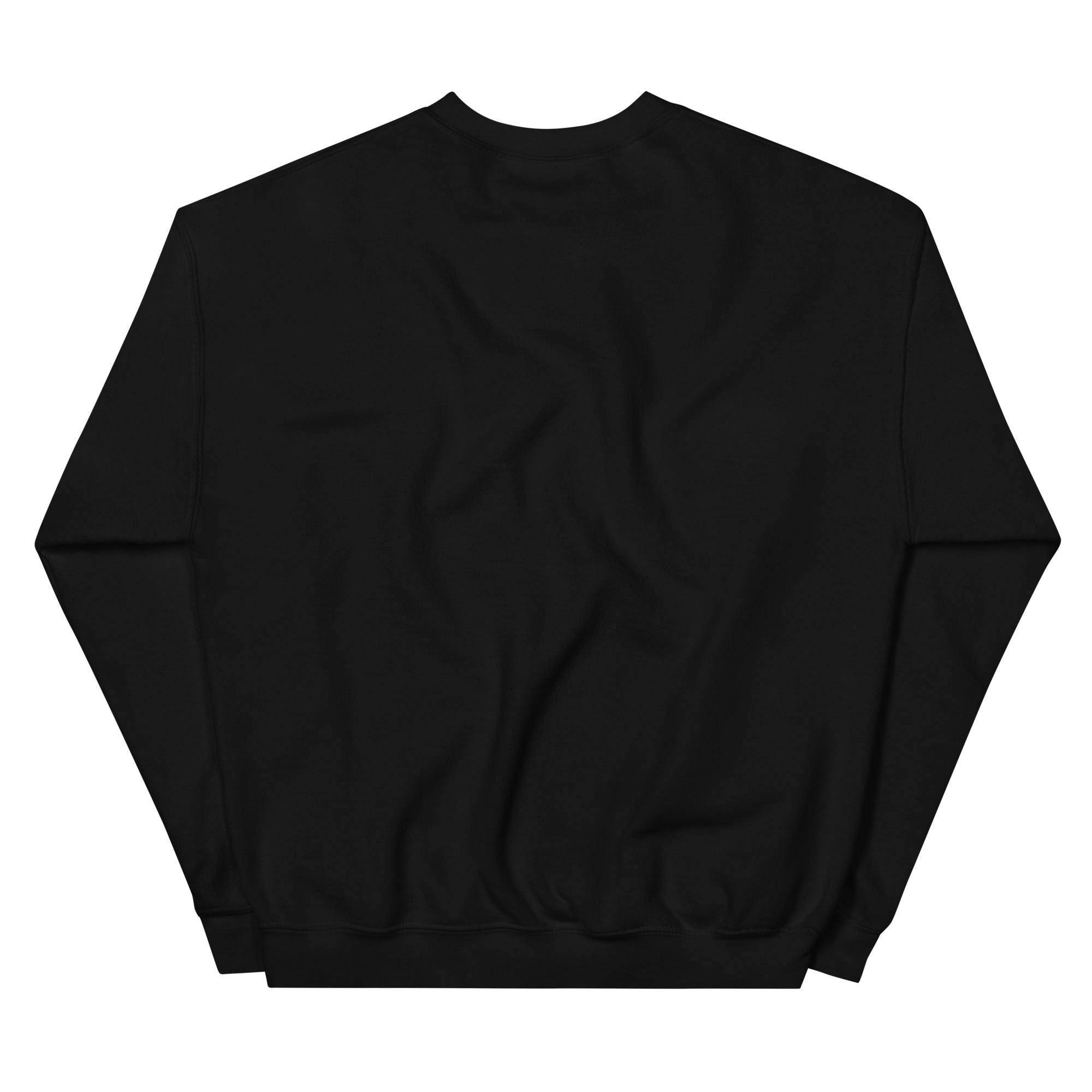 The back view of the black crewneck sweatshirt, showing a clean, minimalist design against a white background. 