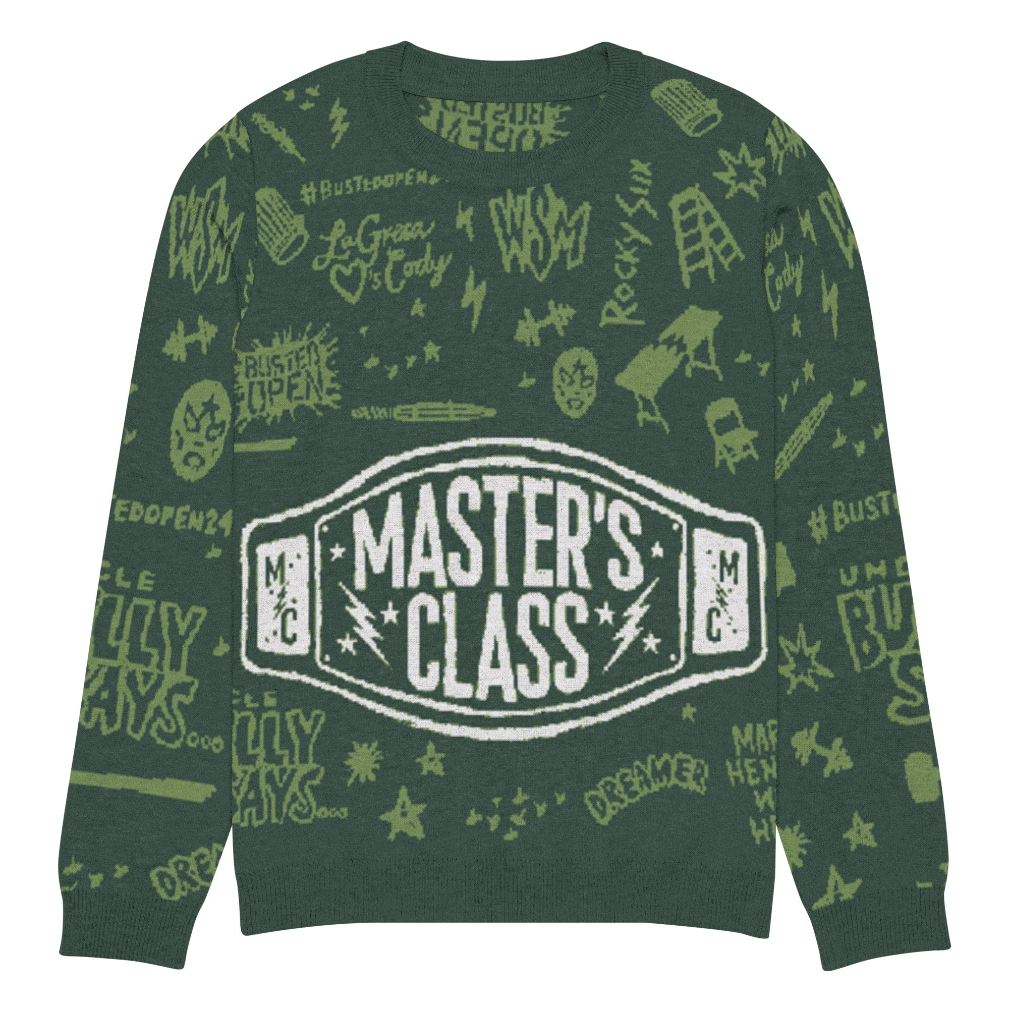 A green sweater featuring a 'MASTER'S CLASS' logo in white on wrestling belt illustration, surrounded by various doodles and symbols related to wrestling and entertainment.