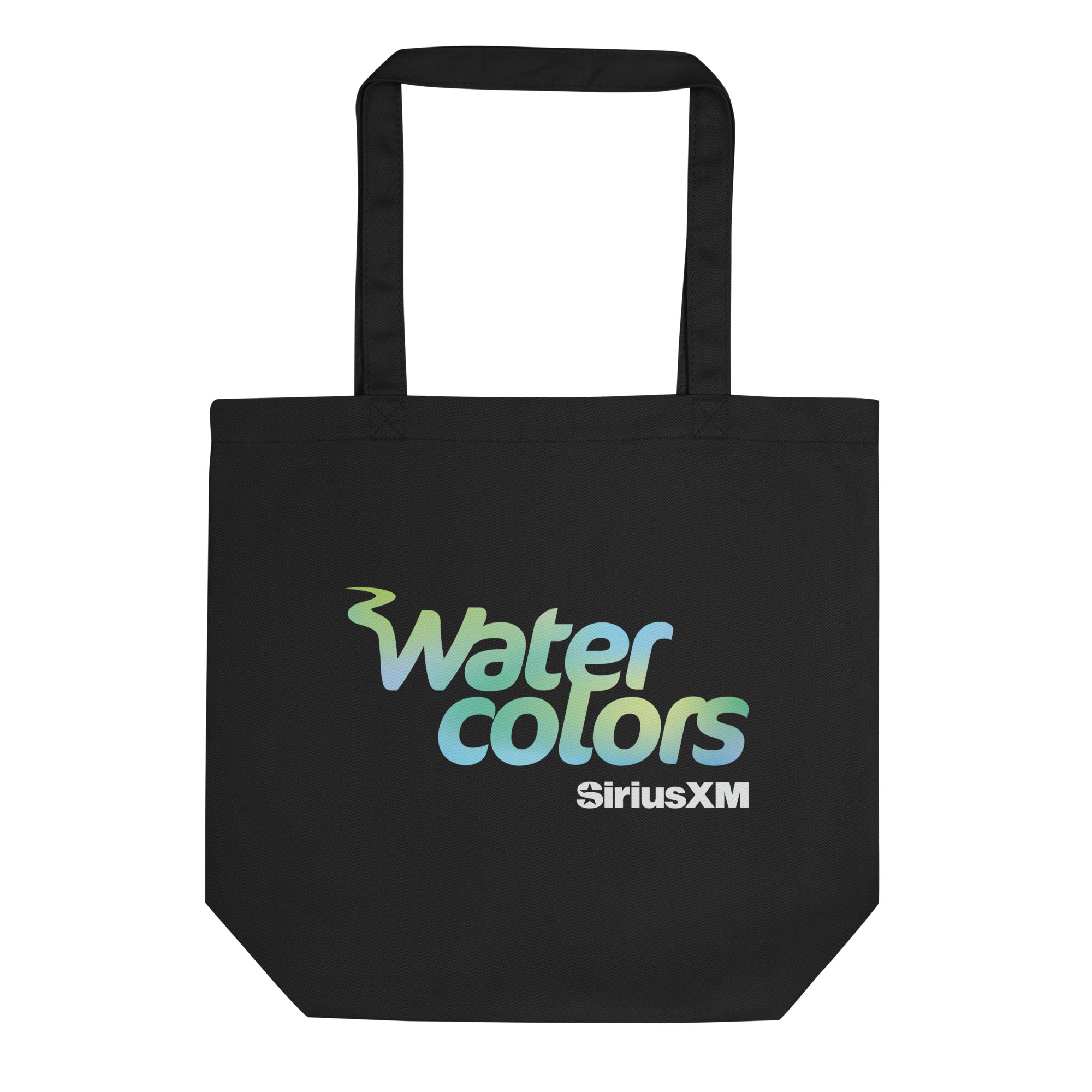 Black tote bag featuring 'Water colors' in blue and green gradient font with SiriusXM logo underneath in white.