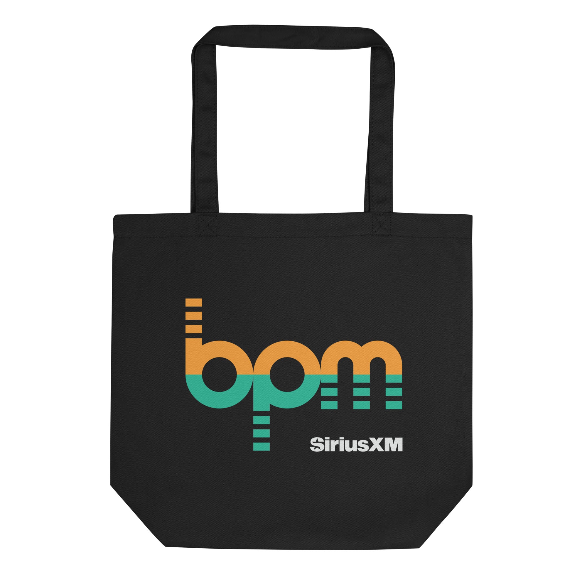 Black tote bag featuring 'bpm' in orange and green with 'SiriusXM' in white below.