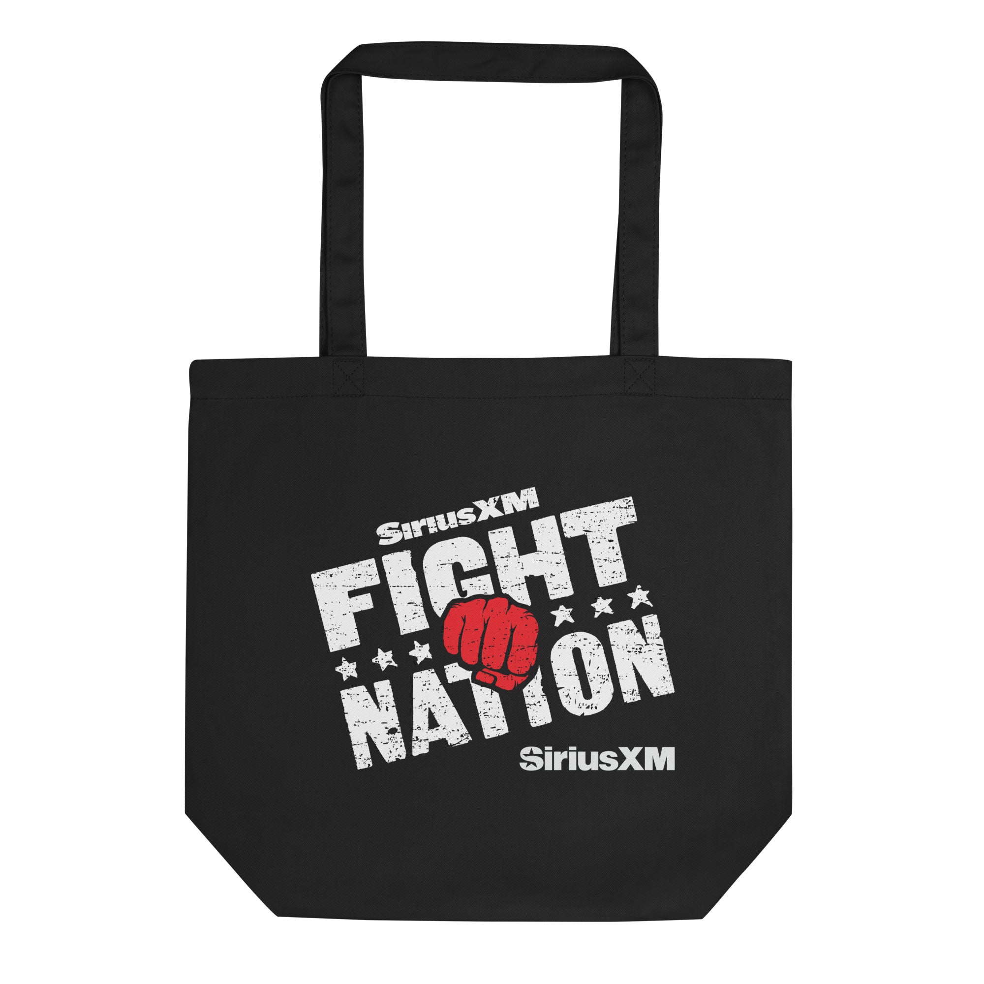 Black tote bag with 'SiriusXM FIGHT NATION' text in white and a red fist graphic.