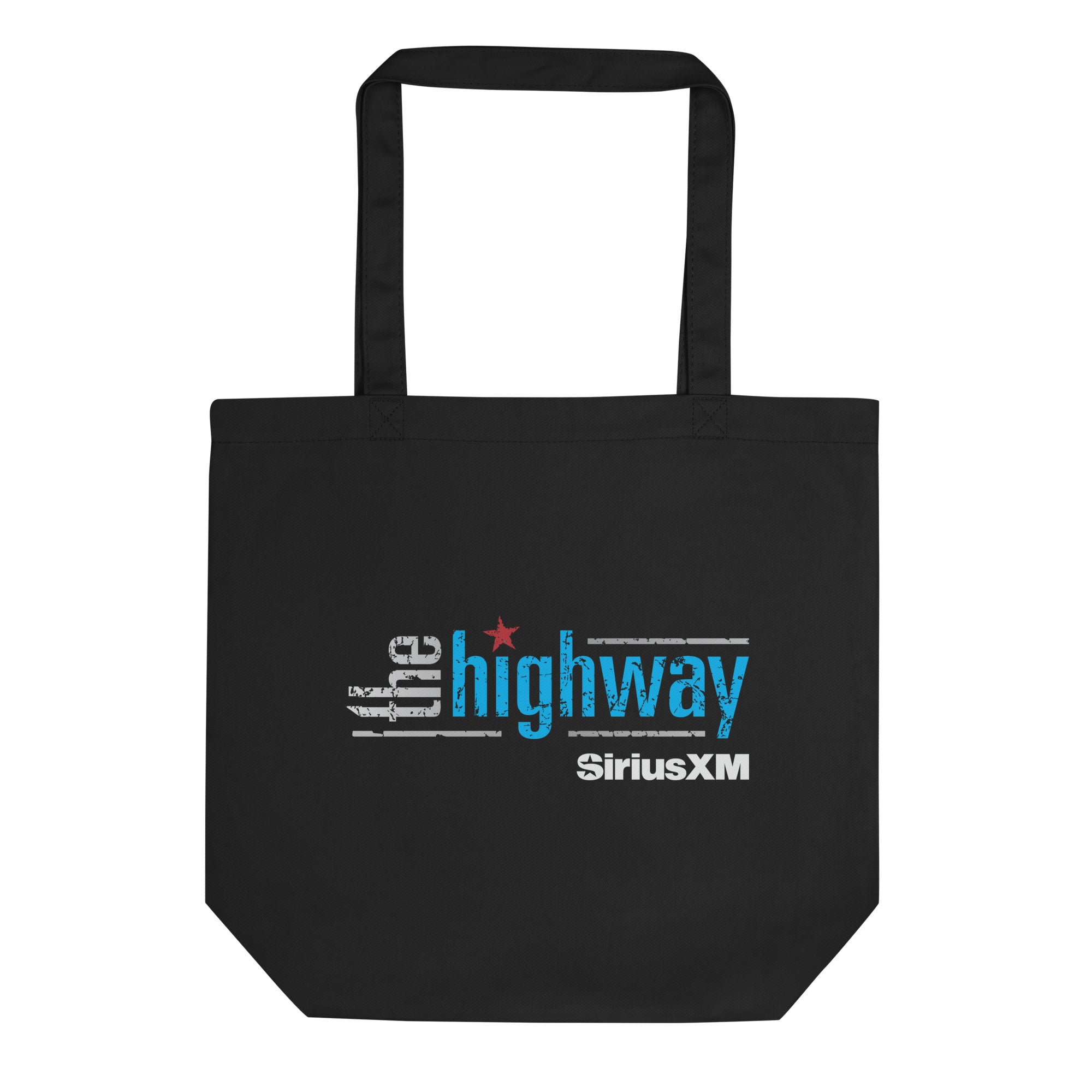 Black tote bag featuring 'the highway' logo in blue, gray, and red colors, with a star element and  'SiriusXM' text in white.