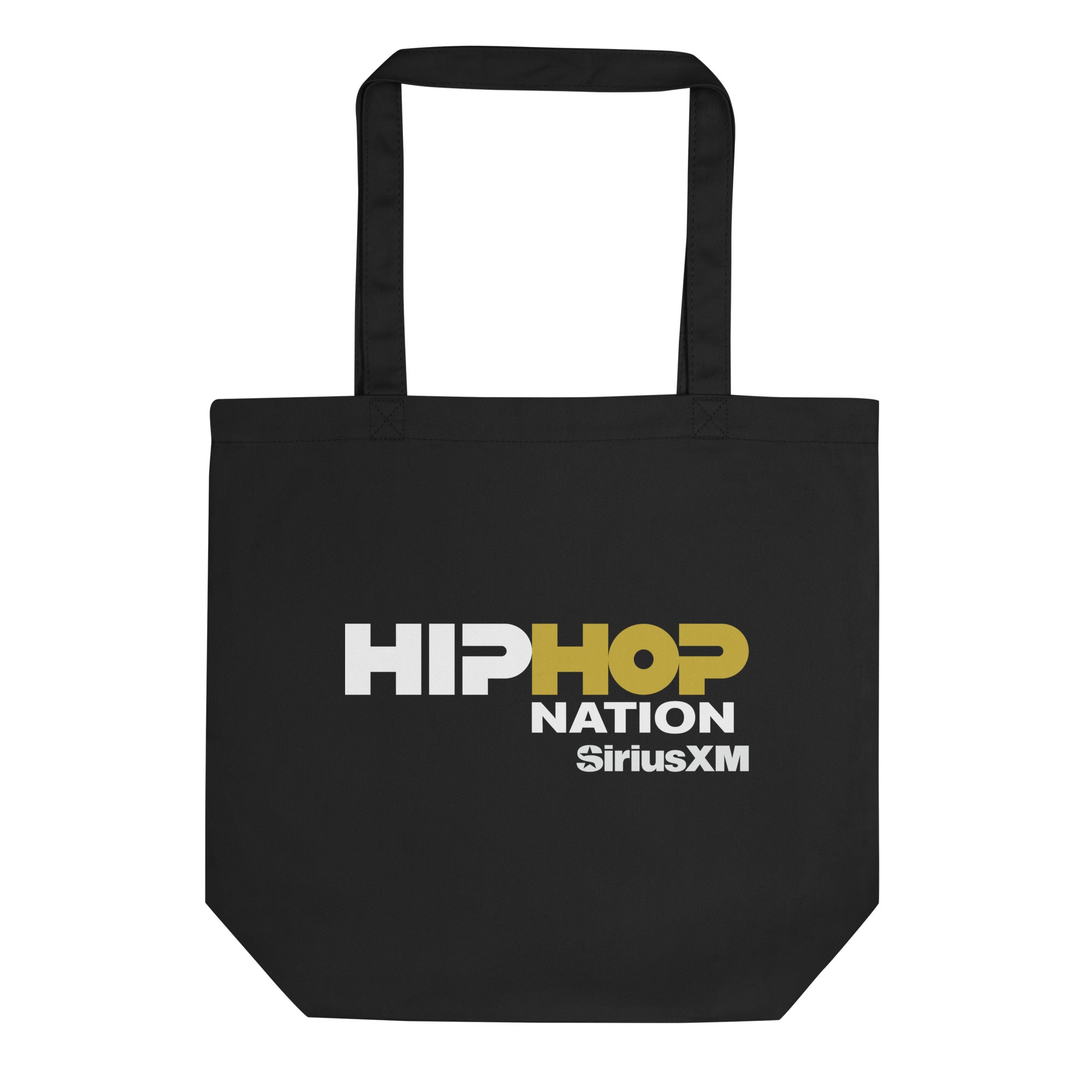 Black tote bag featuring 'HIP HOP NATION' and 'SiriusXM' logos in white and gold letters.