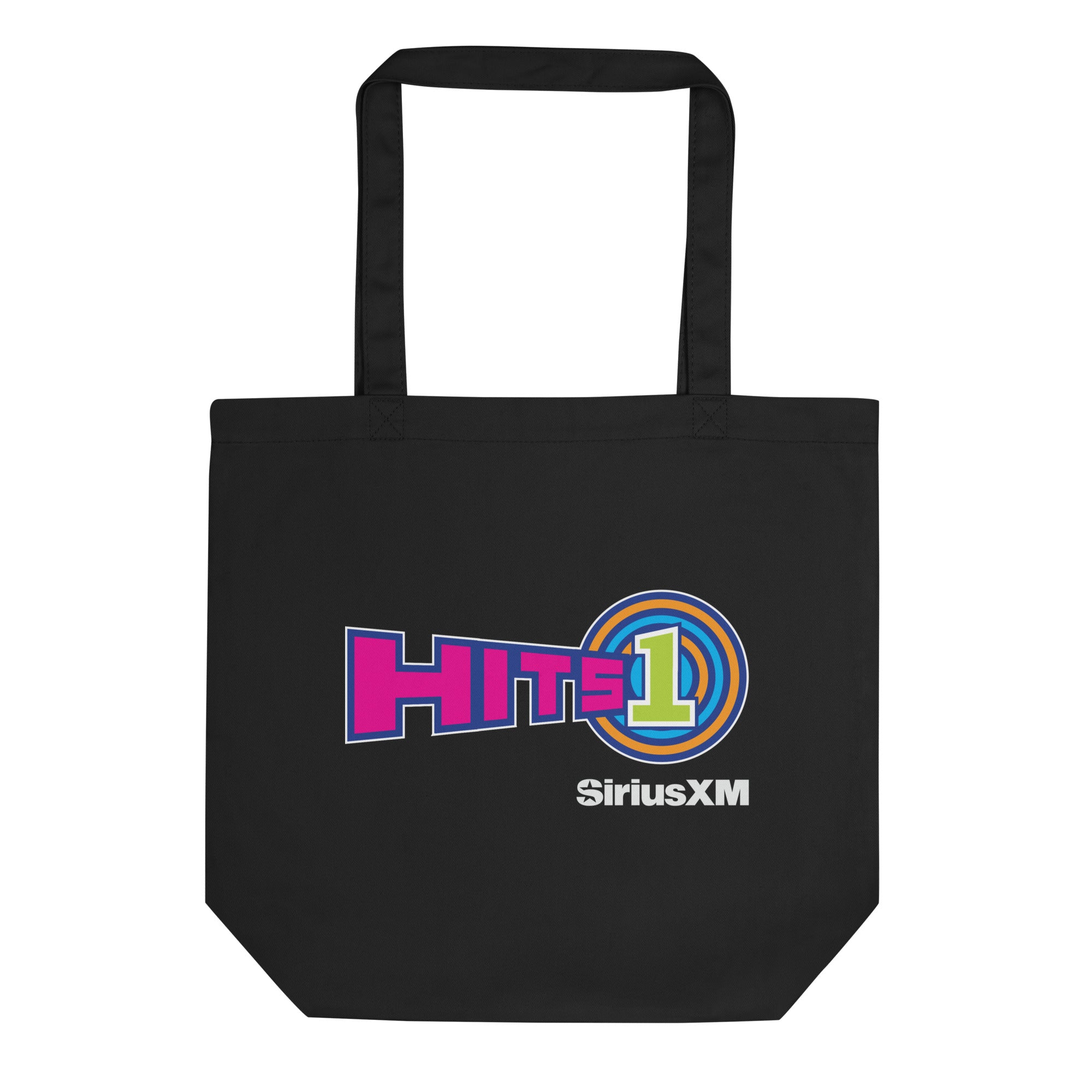 Black tote bag featuring 'HITS 1' logo in pink, blue, orange and vivid green with SiriusXM branding in white.