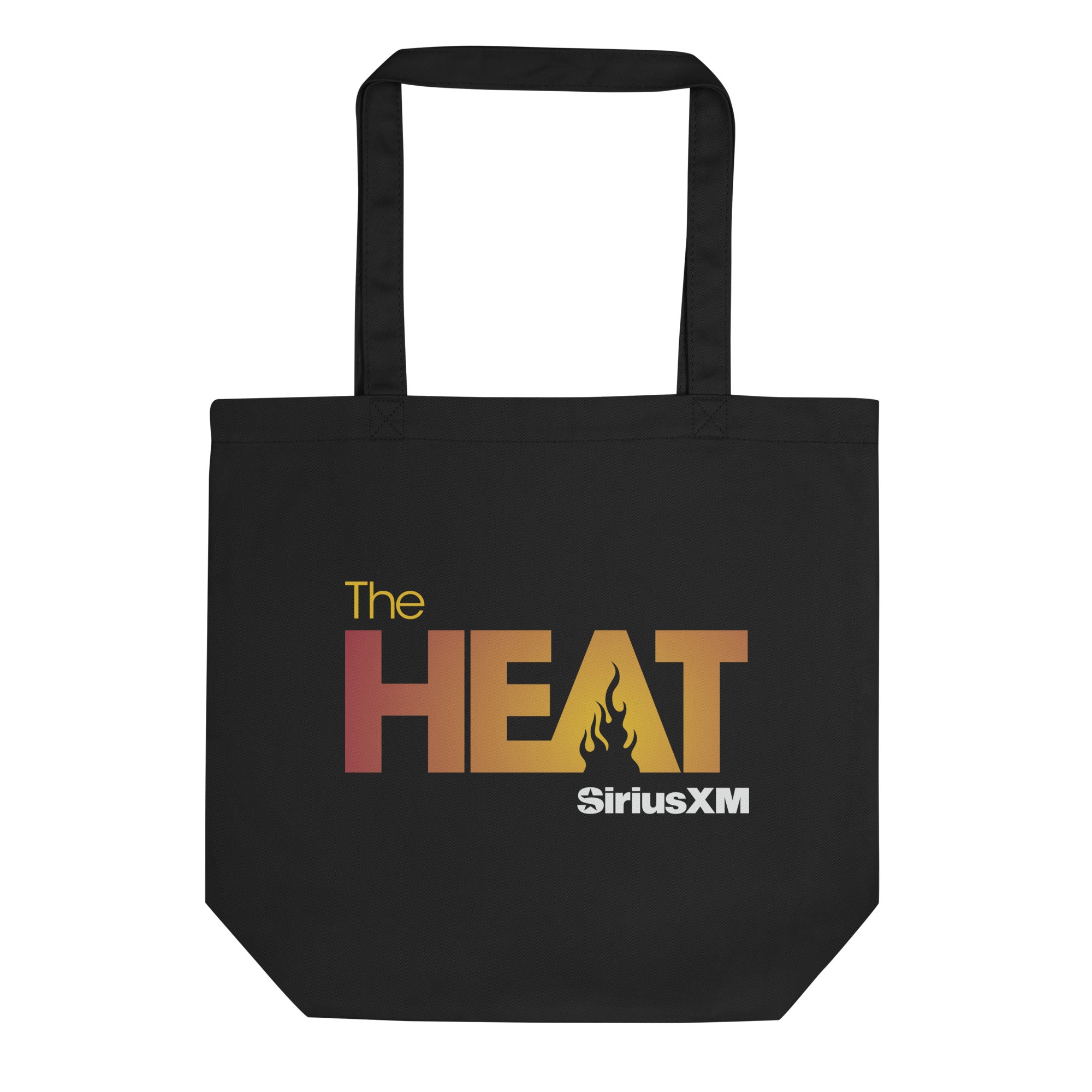 Black tote bag with 'The HEAT' in orange to yellow gradient and flame graphic. 'SiriusXM' logo printed underneath in white.