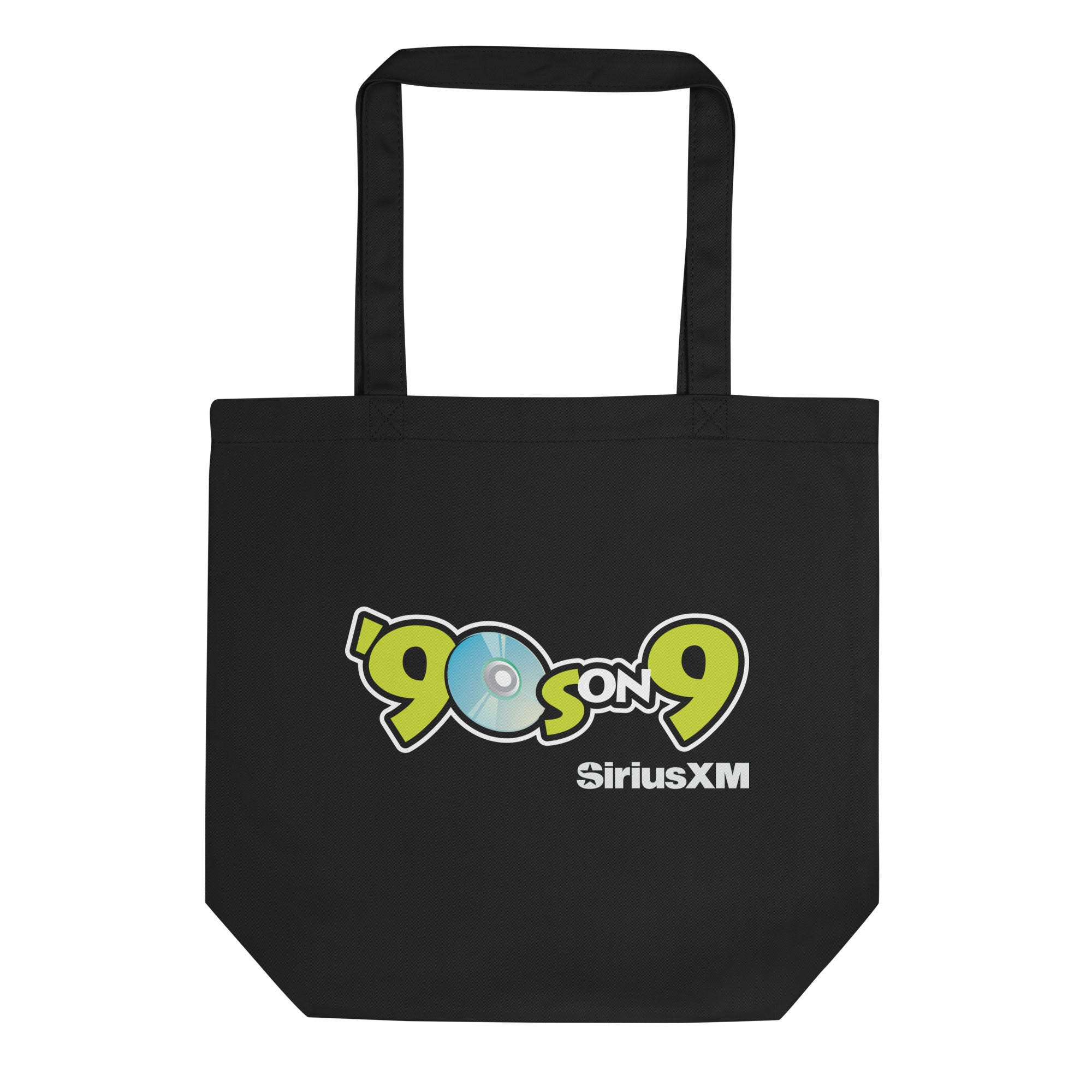 Black tote bag featuring the '90s on 9 logo in light blue, vivid green and a CD graphic. A  'SiriusXM' logo underneath in white.
