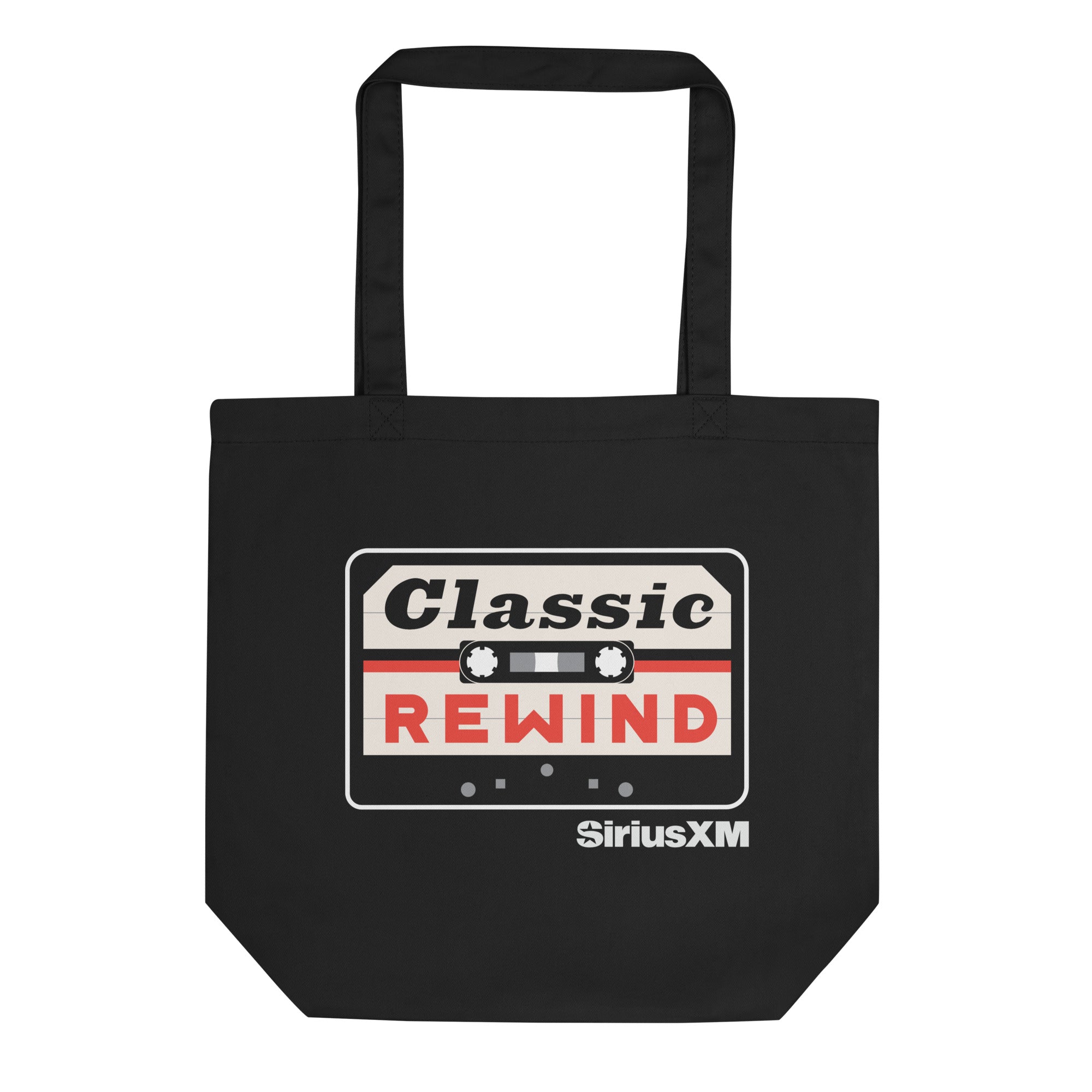 Classic Rewind cassette design in red, white and black on a black tote bag, featuring 'SiriusXM' branding.