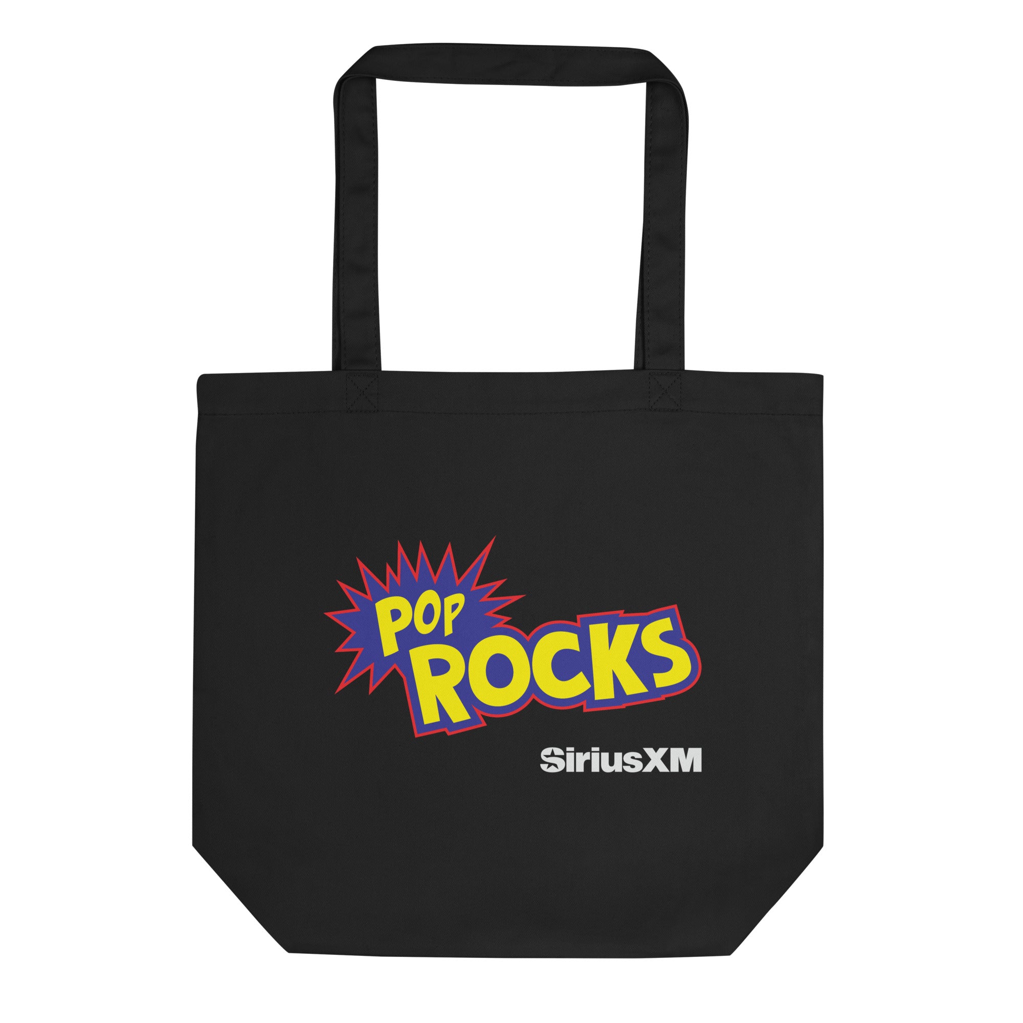 Black tote bag featuring 'POP ROCKS' in bold blue, yellow and red colors and 'SiriusXM' logo.