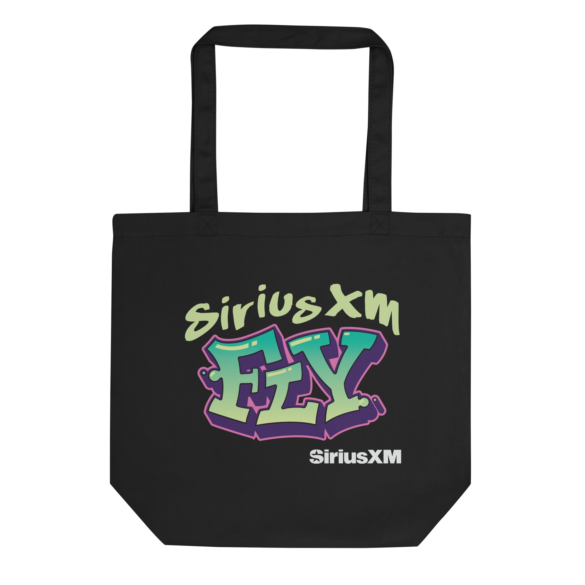 Black tote bag featuring the text 'SiriusXM FLY' in colorful, graffiti-style lettering. Colors include blue, green, and pink.