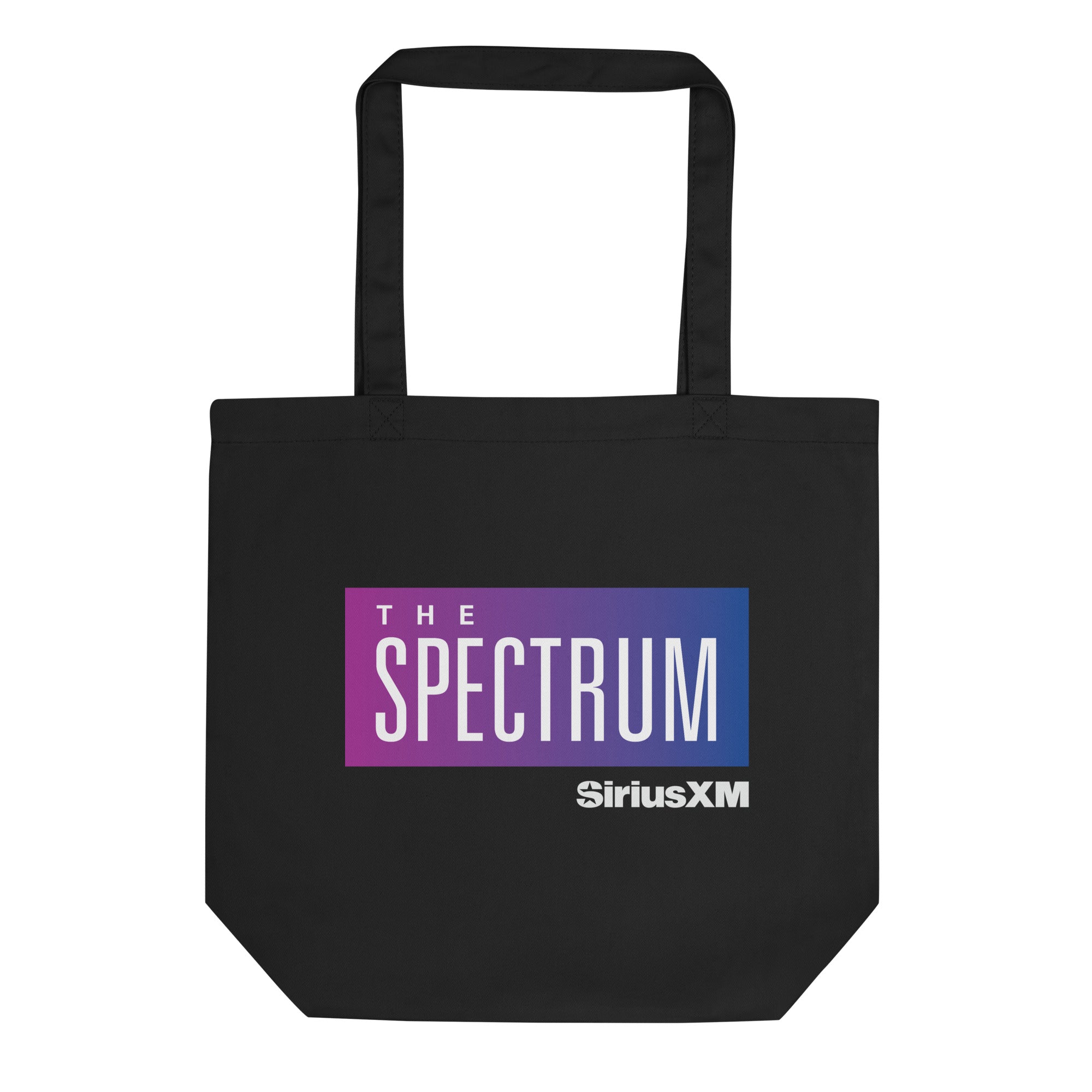 Black tote bag with 'THE SPECTRUM' in purple to blue gradient text and 'SiriusXM' logo.