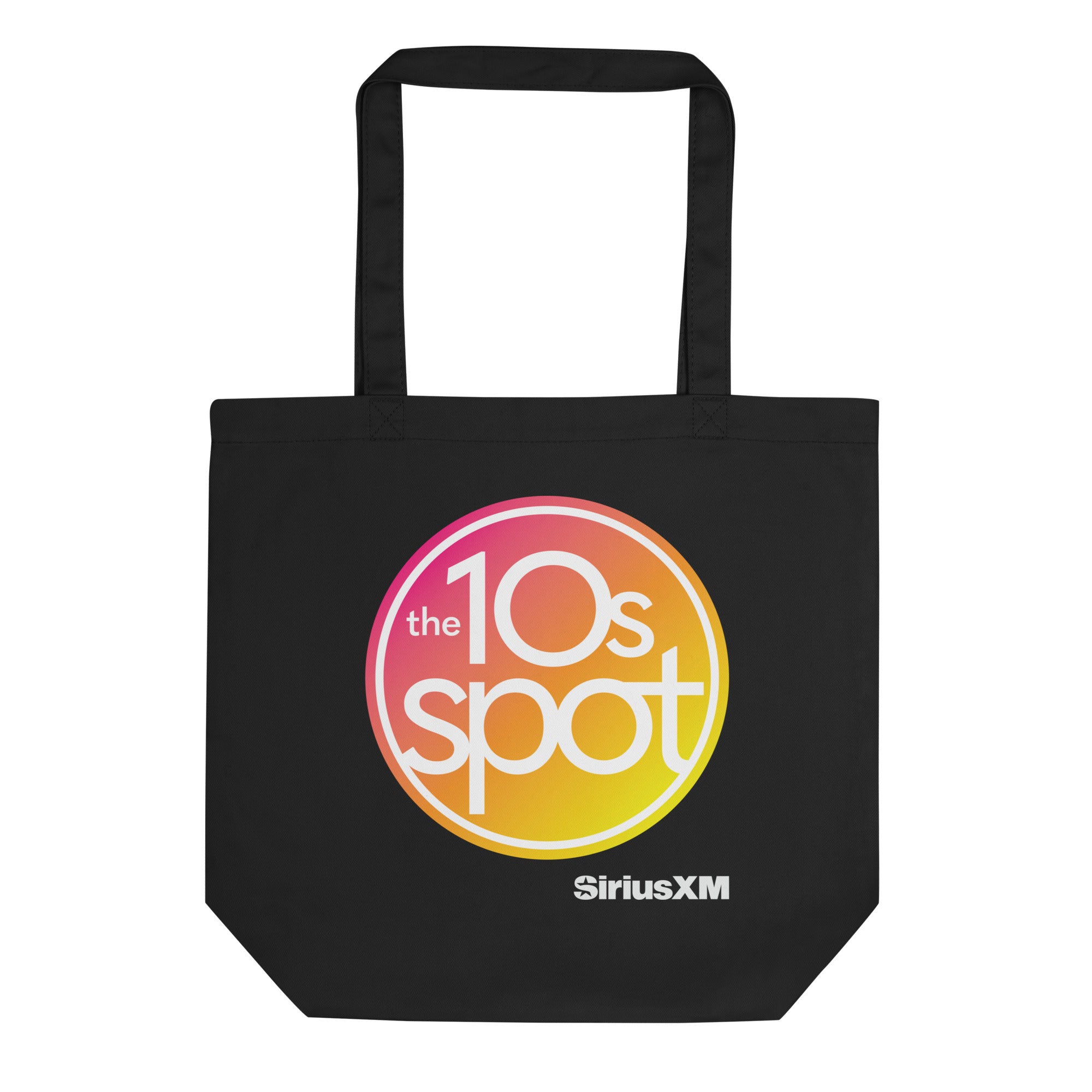 Black tote bag featuring the SiriusXM logo and 'the 10s spot' in colorful circular pink and orange design.