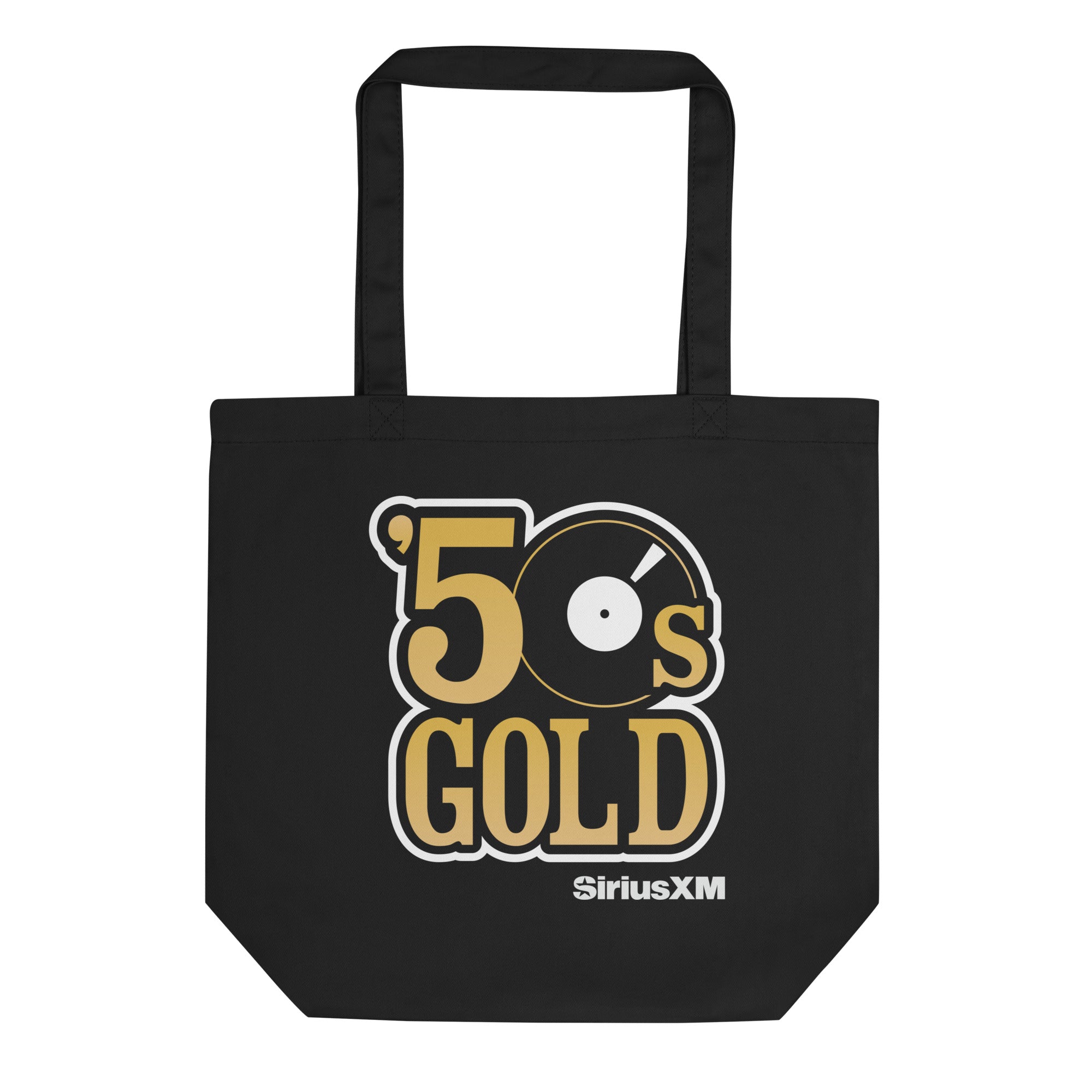 Black tote bag featuring '50s Gold logo with a vinyl record in black, gold, and white and SiriusXM branding in white.