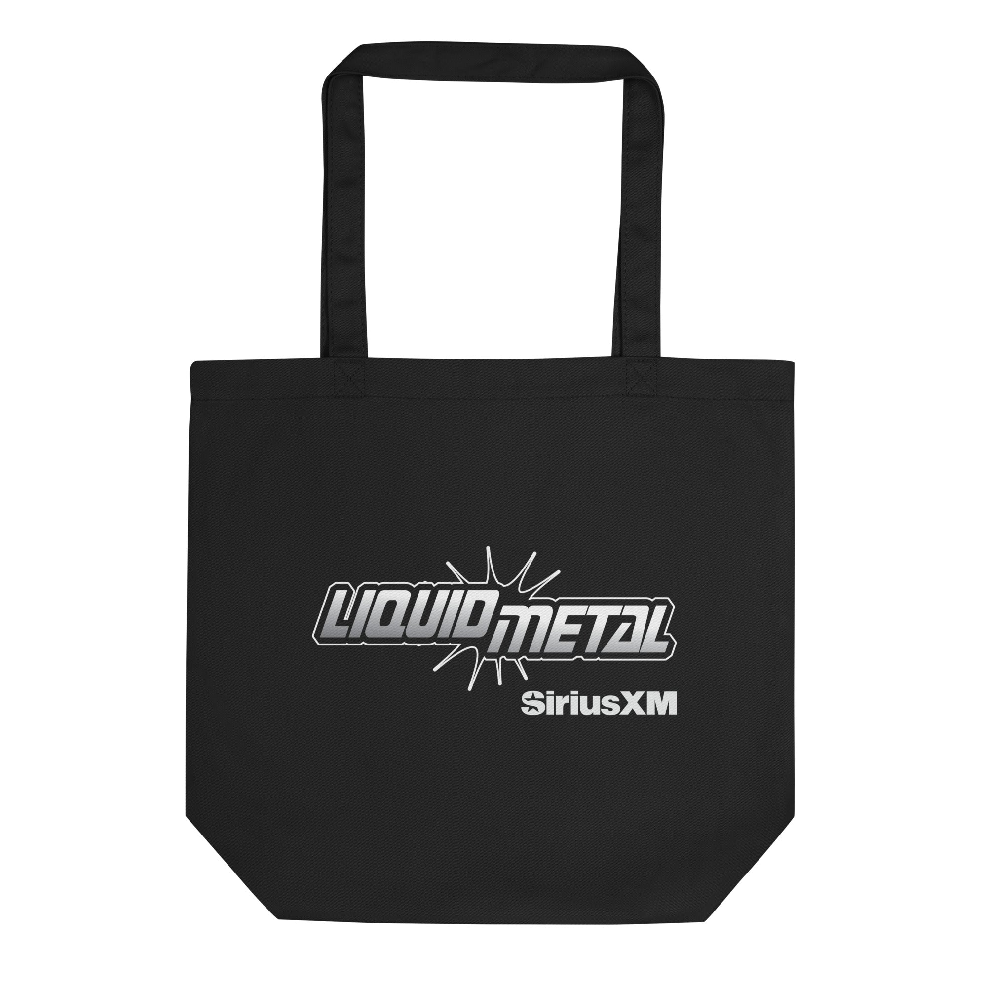 Black tote bag featuring 'LIQUID METAL' and 'SiriusXM' logos in a bold black and white, stylized font.