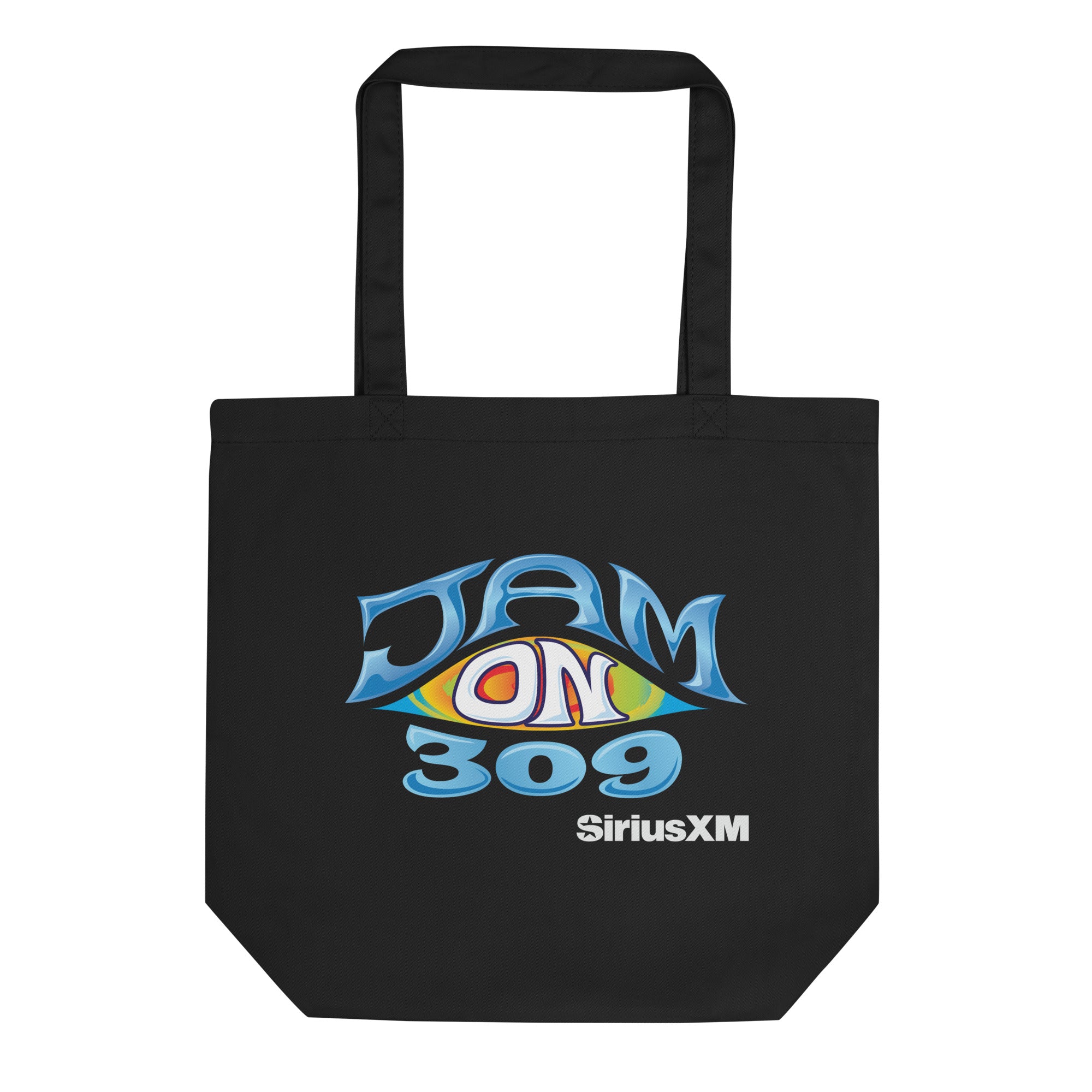 Black tote bag featuring a colorful logo and 'JAM ON 309' in blue.  Also SiriusXM logo smaller in white.