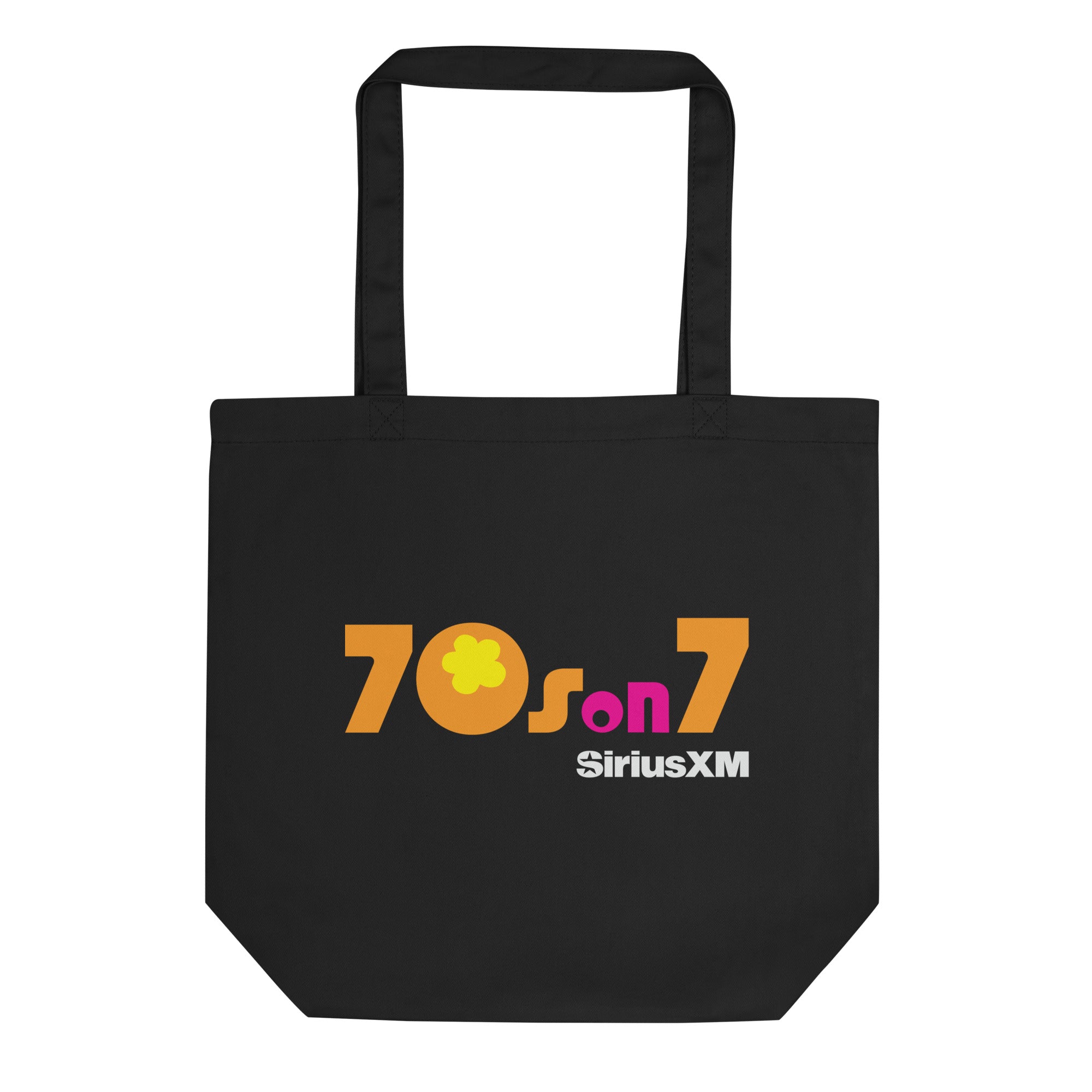 Black tote bag featuring the 'SiriusXM' '70s on 7' logo in vibrant pink, orange and yellow colors.