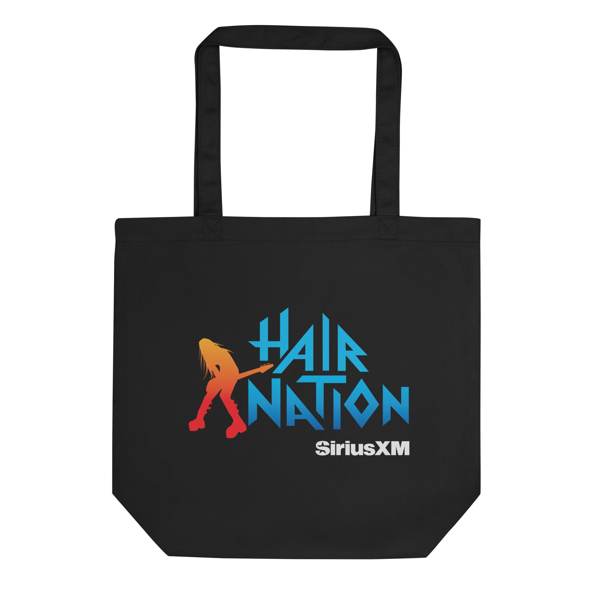 Black tote bag featuring 'HAIR NATION' logo in bright blue and 'SiriusXM' text in white with a guitar silhouette in orange.