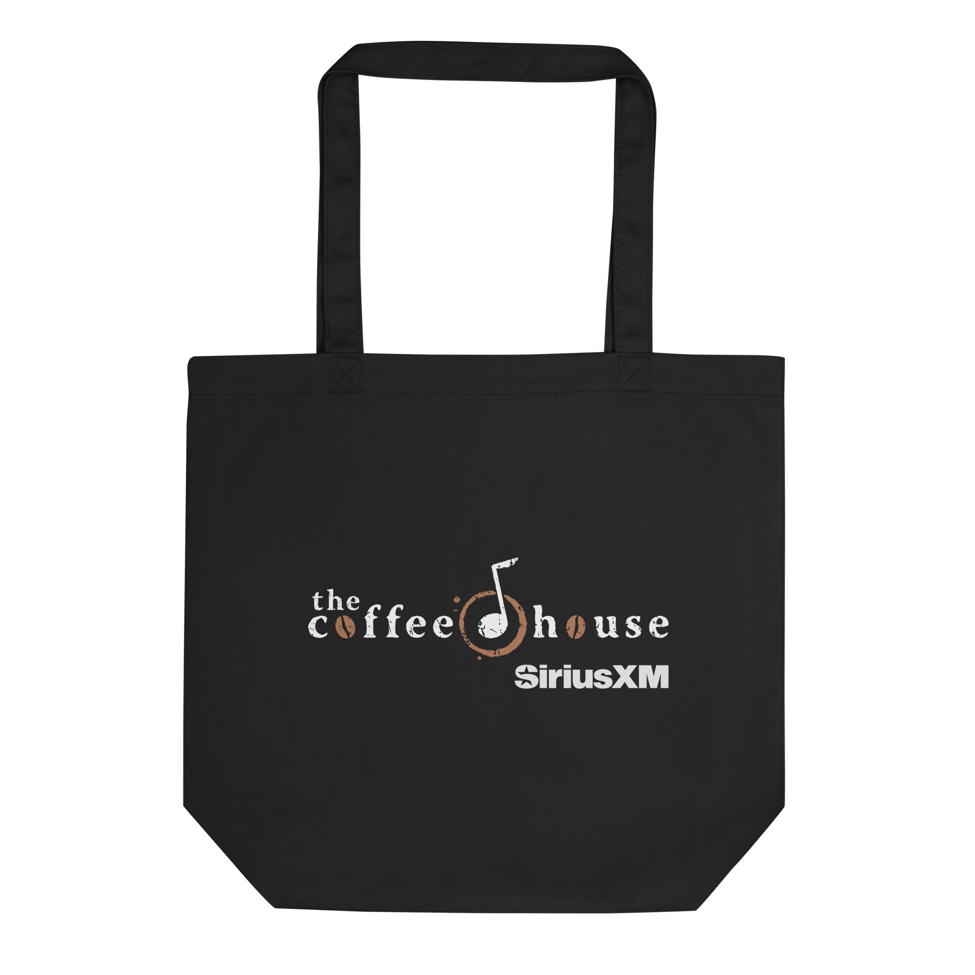 Black tote bag featuring 'the coffee house' and 'SiriusXM' logos with musical note and coffee bean graphics.