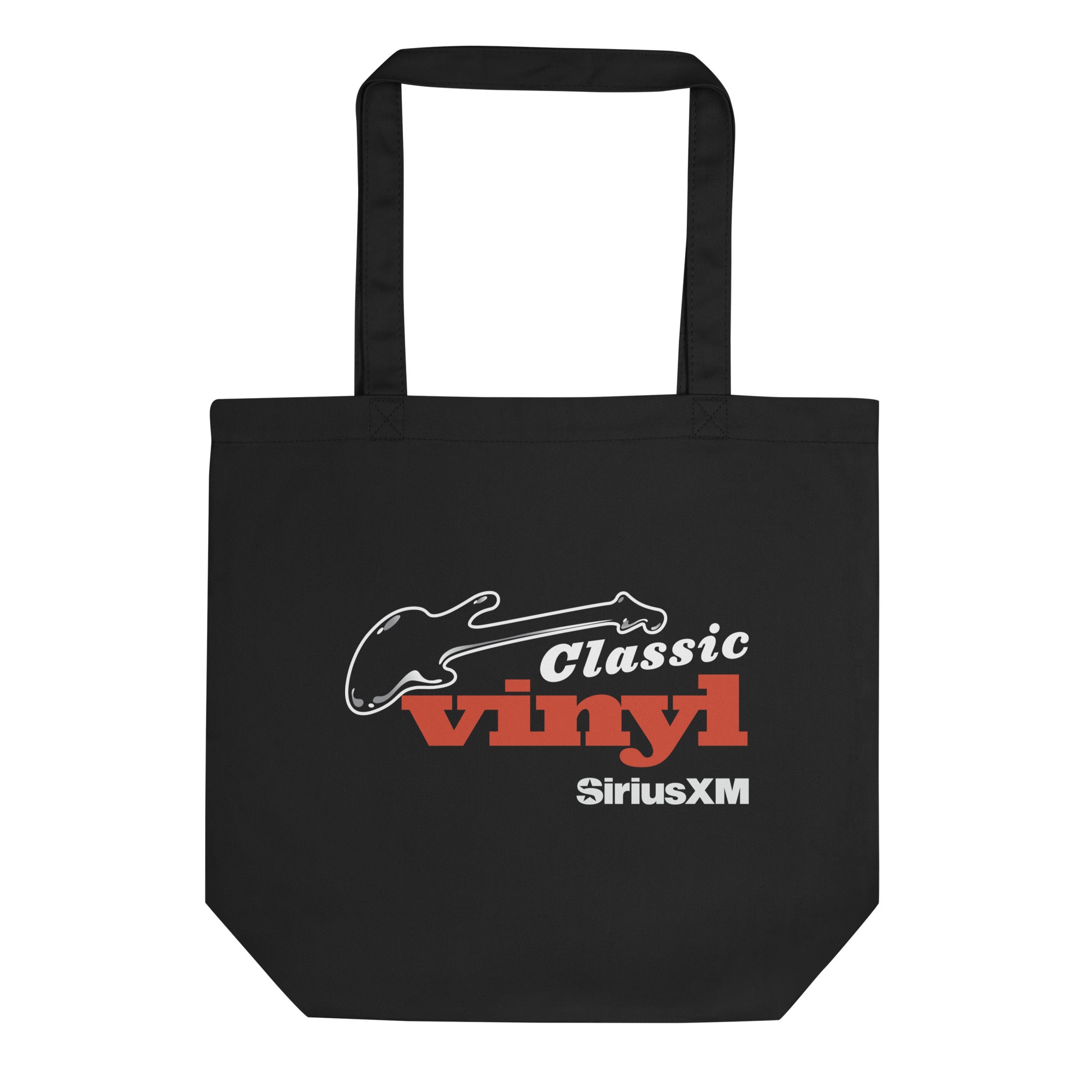 Black tote bag featuring 'Classic Vinyl' text in white and red and a guitar graphic, with 'SiriusXM' logo in white.