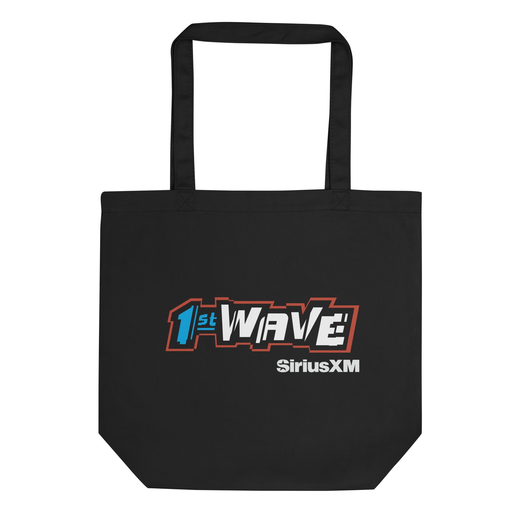 Black tote bag featuring '1st WAVE'  in bold, white and blue letters and red outline. 'SiriusXM' logo in white.