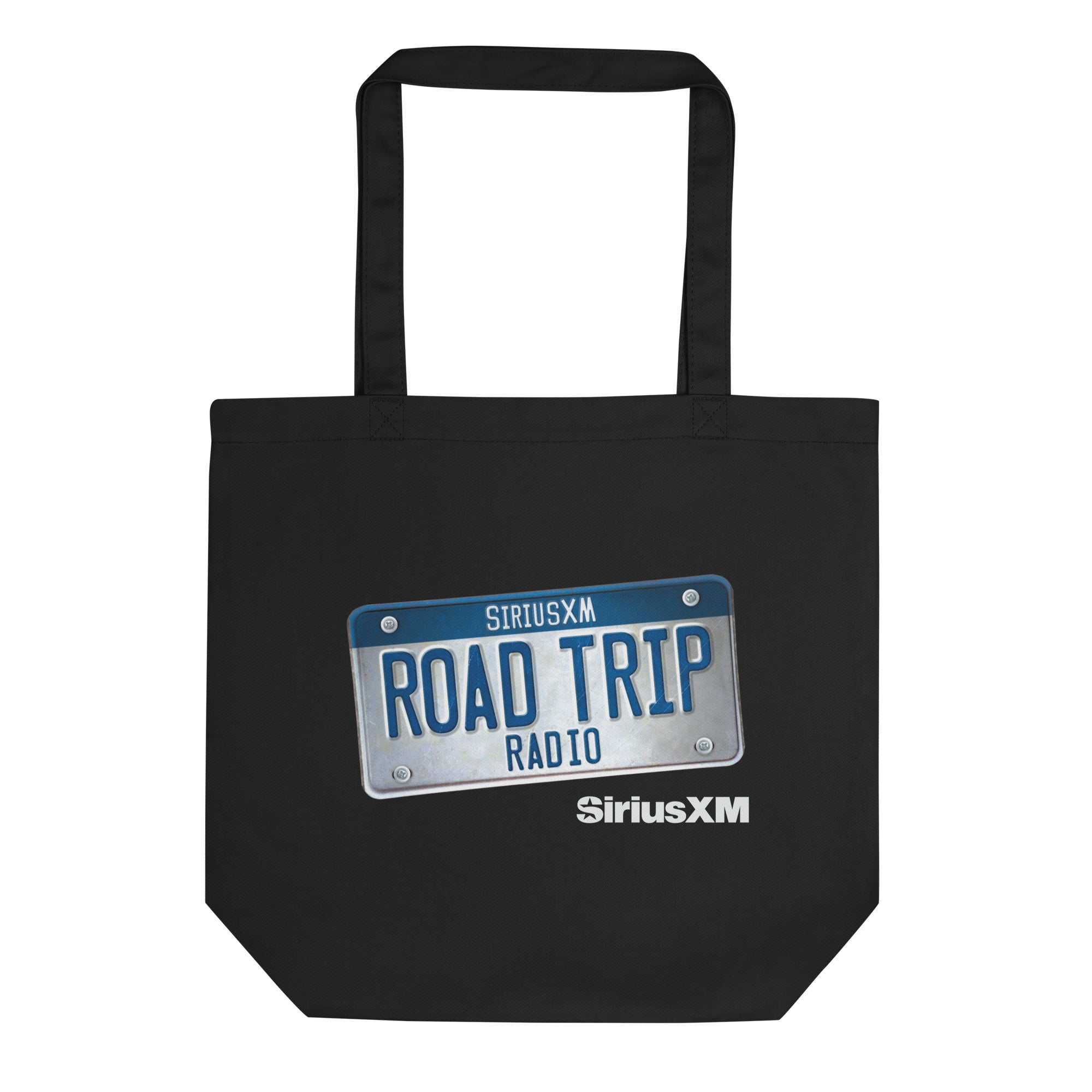 Black tote bag featuring a license plate design in blue and white with 'ROAD TRIP RADIO' and 'SiriusXM' logo.