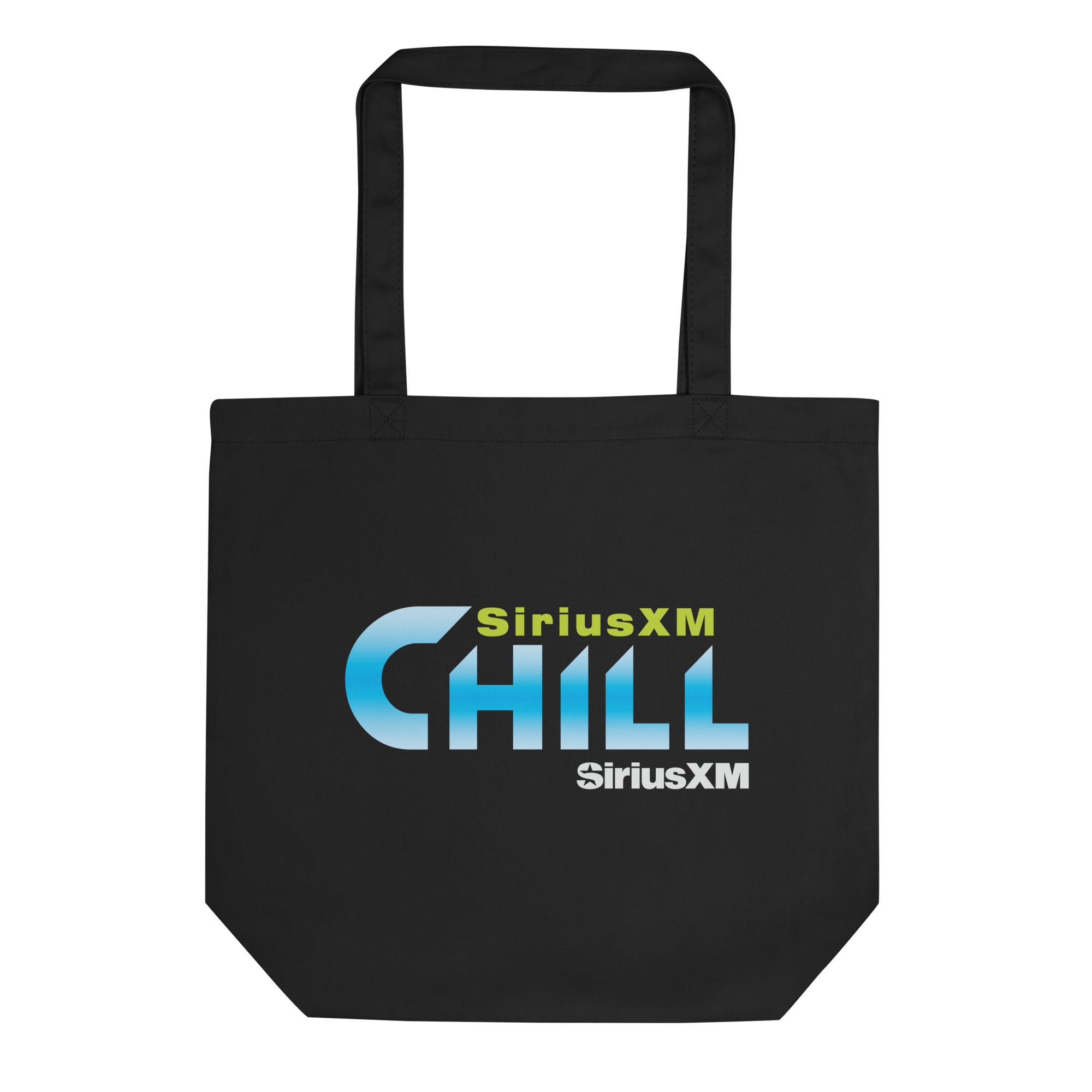 Black tote bag featuring the SiriusXM logo and the word 'CHILL' in blue and green.
