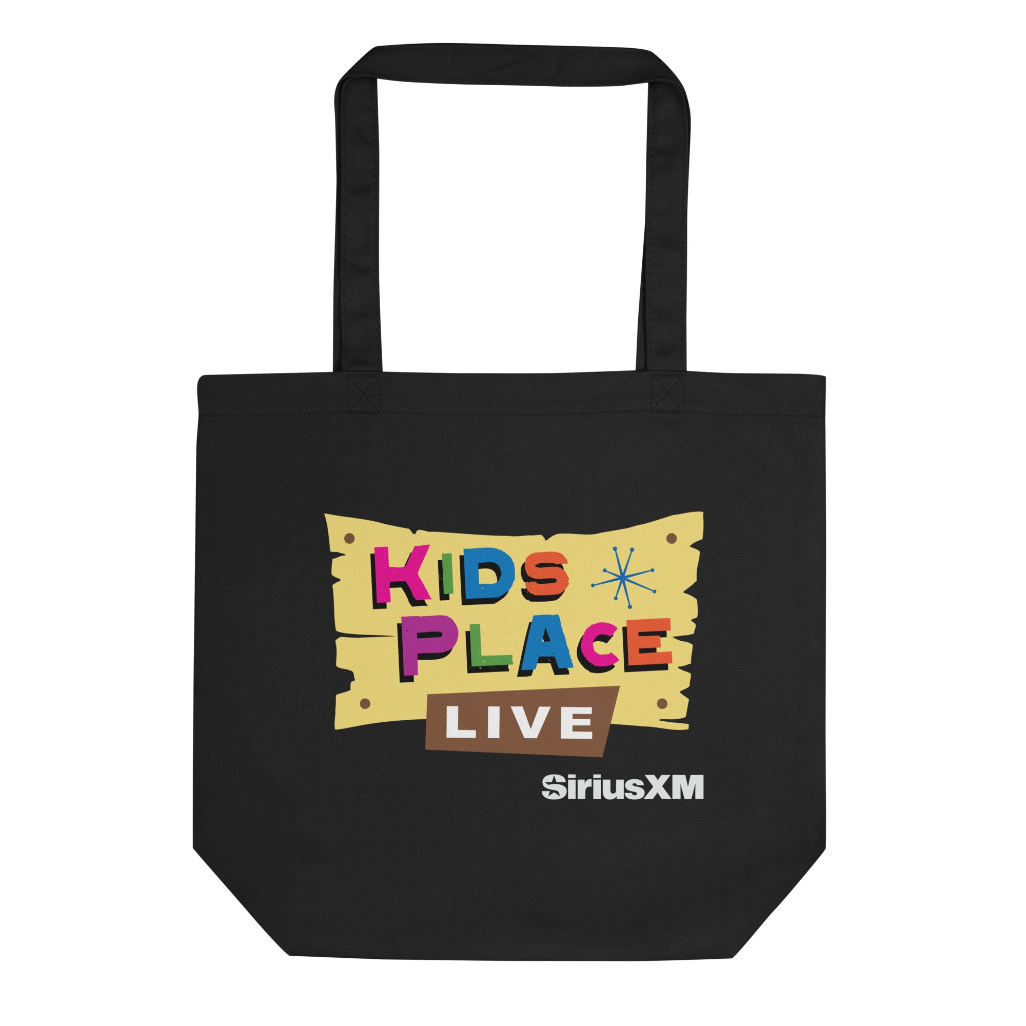 Black tote bag featuring 'KIDS PLACE LIVE' with colorful stars and a wooden sign illustration and SiriusXM branding.